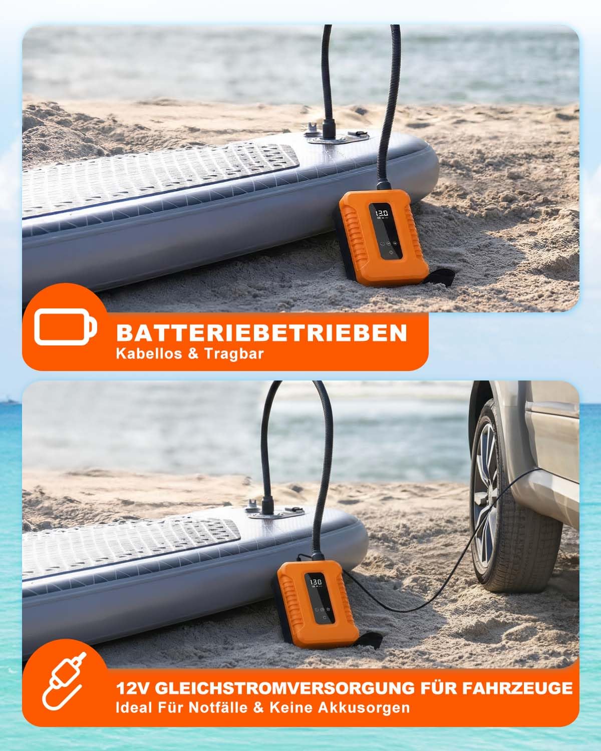 SUP Pumpe Elektrisch,Wiederaufladbar,Stand Up Paddle Pumpe Elektrisch mit Auto-Stopp,Sup Kompressor Doppelstufig,Luftpumpe Elektrisch SUP mit LED Display,für Camping,Reisen,See und Strand