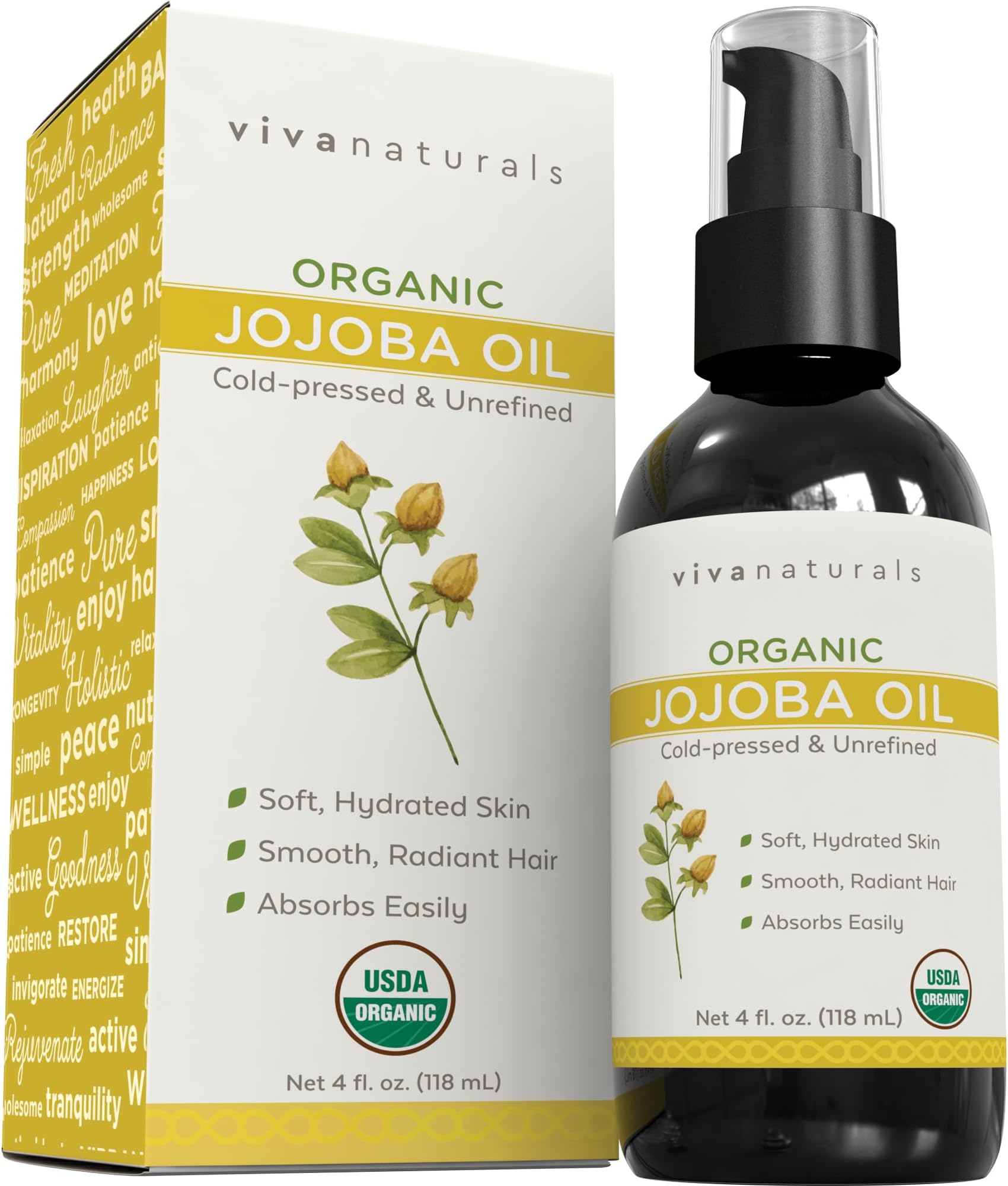 Organic Jojoba Oil - Pure Cold-Pressed for Skin and Hair, USDA Certified Face Moisturizer, 4 fl. oz