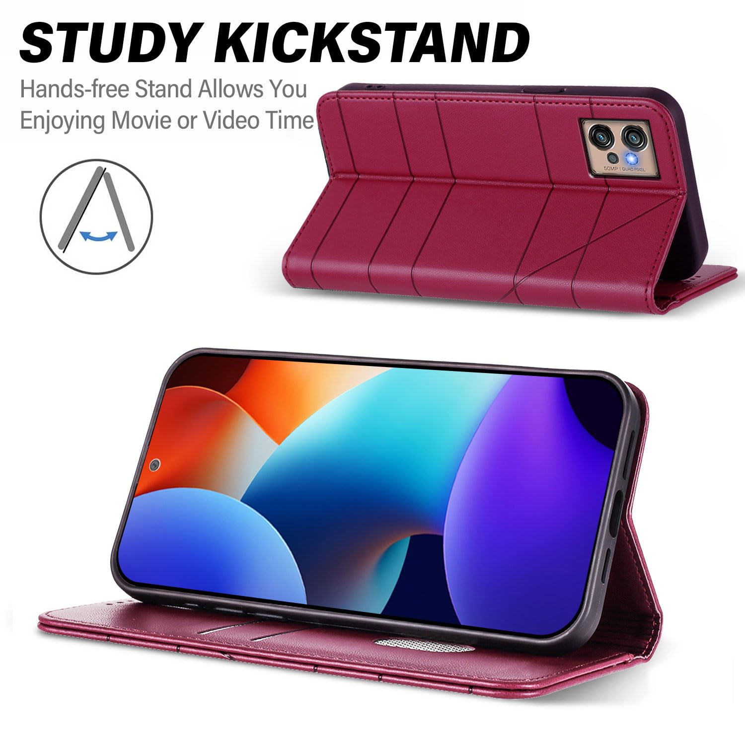 Custodia SATURCASE Per Motorola Moto G32, In Pelle PU Rossa, A Portafoglio Con Chiusura Lampo E Scomparti