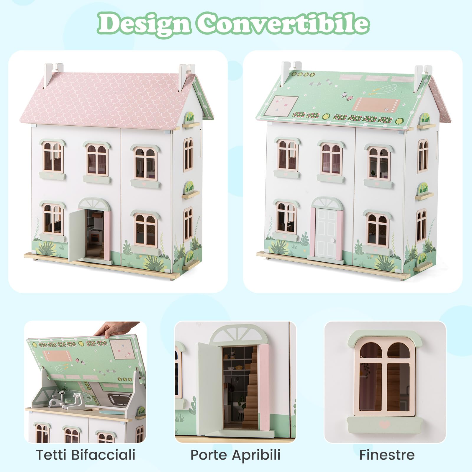 GYMAX Casa delle Bambole in Legno, Casa Giocattolo a 3 Livelli con Mobili e Accessori, con Tetti a 2 Lati, Porta Apribile, Scale in Legno Massiccio, Bambini 3 + anni