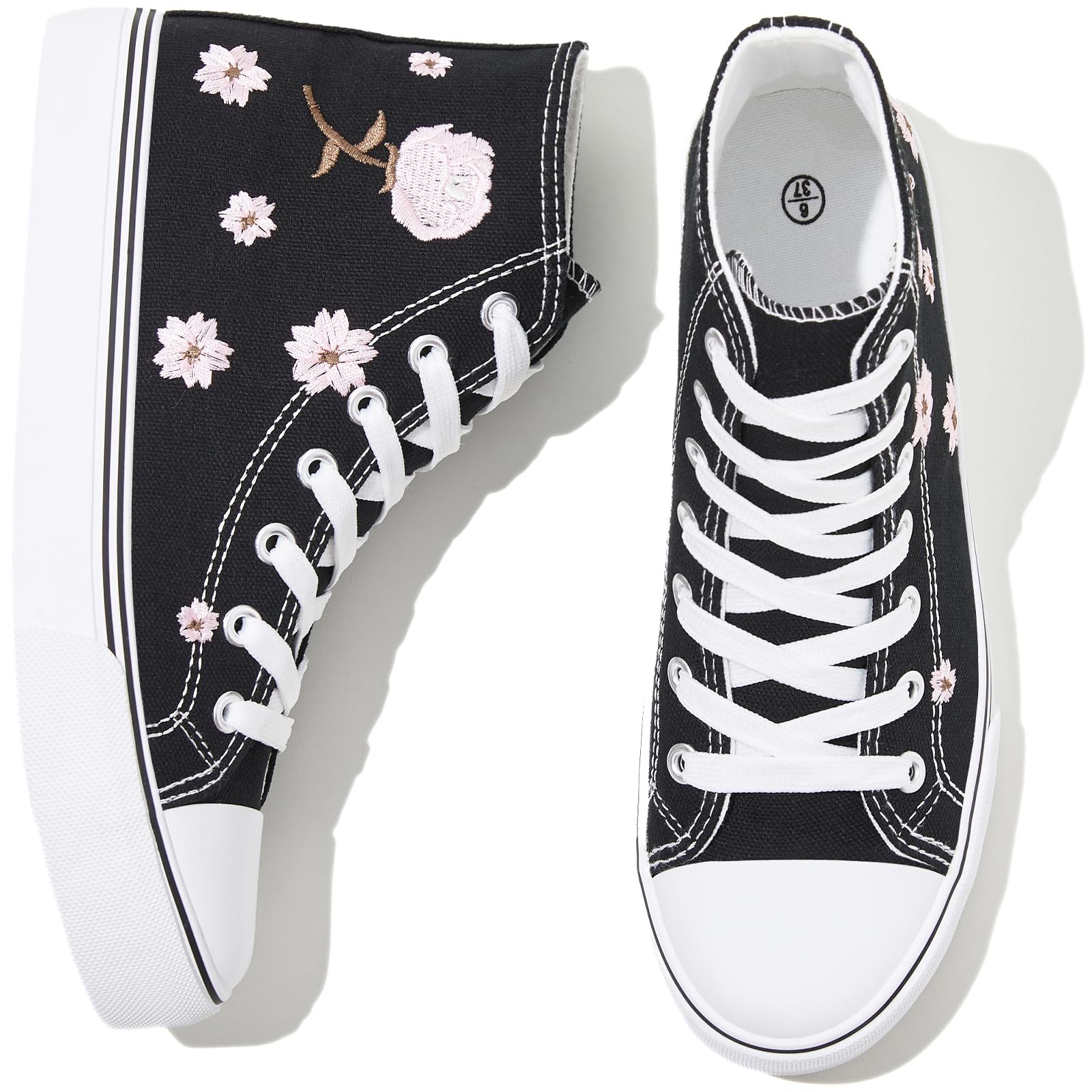 kufeiti Women's High Top Canvas Sneakers Canvas Shoes Lace up White Black Sneakers Casual Walking Shoes