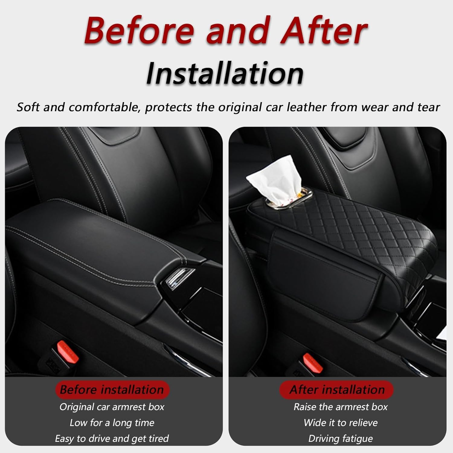 Tappetino per Bracciolo per Auto per SsangYong Tivoli X100 X150 2015-2020 2021 2022 2023 2024 2025 2026, Pelle Schiuma Memoria Comfort Cuscino per Bracciolo Decorazione Accessori,Black