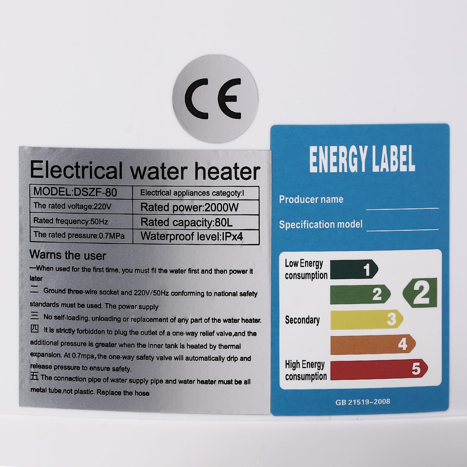 Chauffe-eau 80 l - 2000 W - Chauffe-eau à eau chaude - Stockage suspendu - Avec douchette à main, support de douchette et robinet - Affichage de la température LED