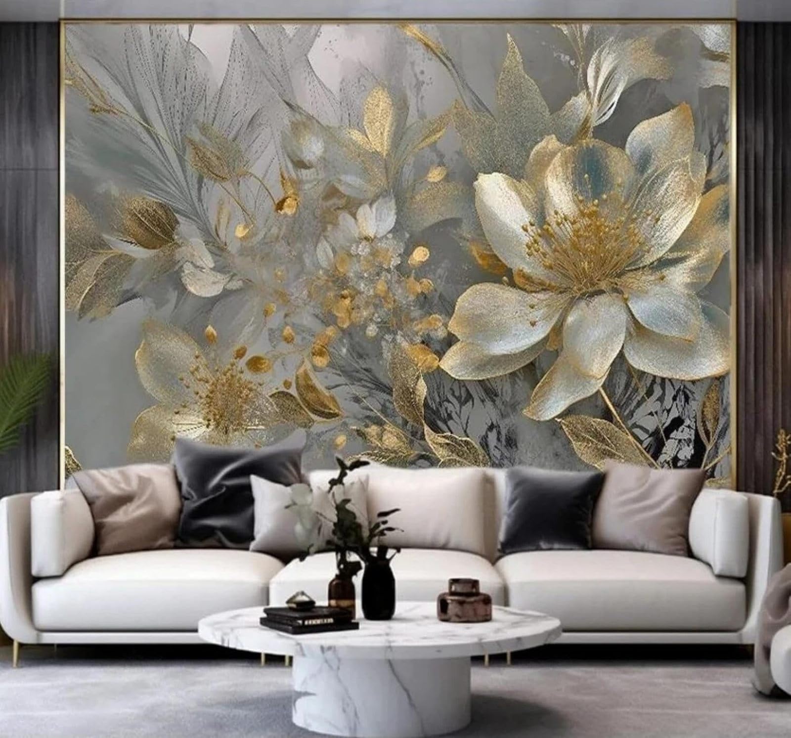 XLMING Luxury Creative Three Dimensional Relief Gold Flowers 3D Wallpaper Luxury Silk Study Dining Feature Sofa Grey Bedroom Living Room Tv Decorative Wall-250cm×170cm