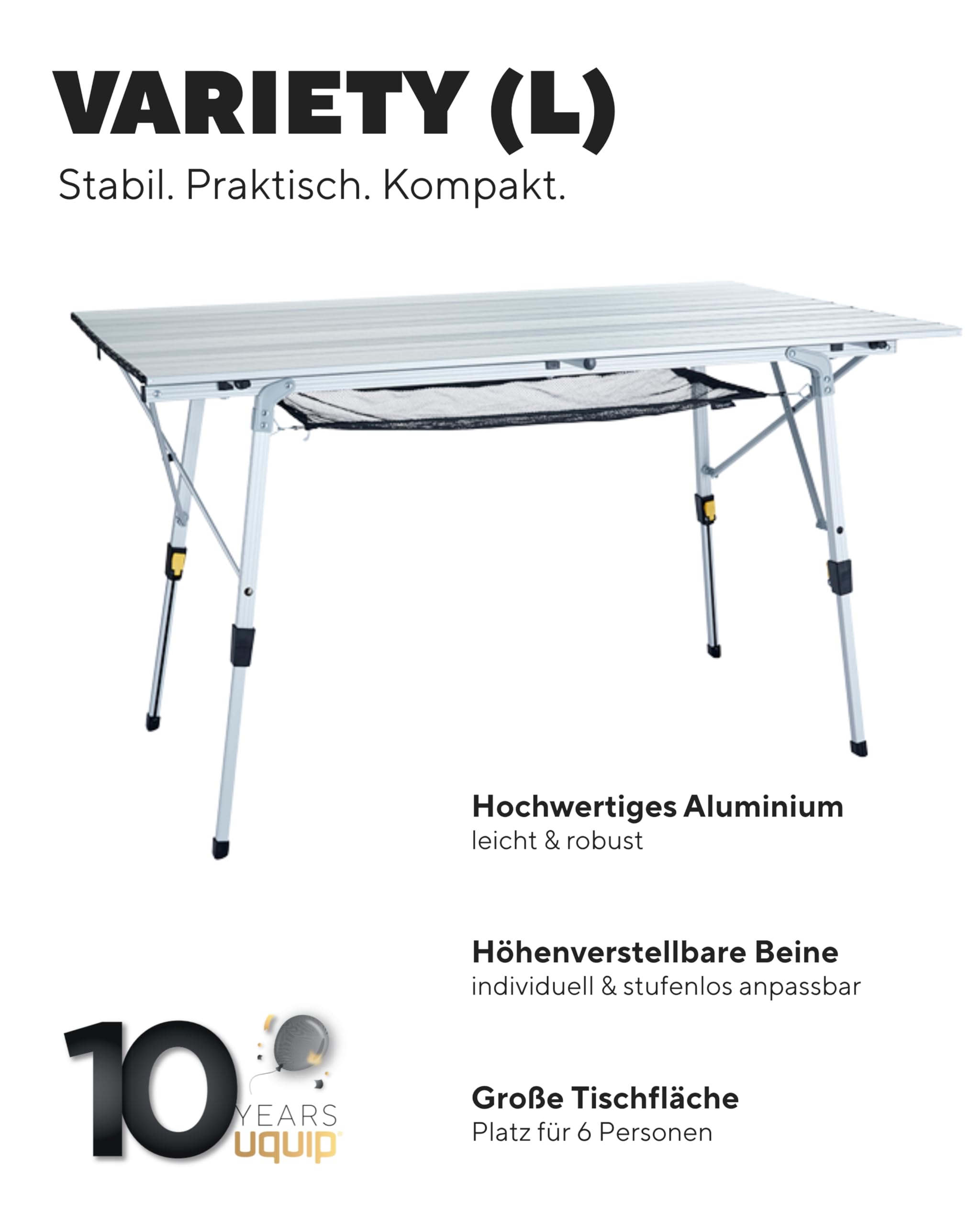 Uquip Campingtisch Variety L Silver I 70 x 51 x 120 cm I kompakter Falttisch mit 30 kg Traglast I Stabiler Klapptisch aus Aluminium I tragbarer Outdoor-Tisch für Camping, Picknick, Festivals & Garten