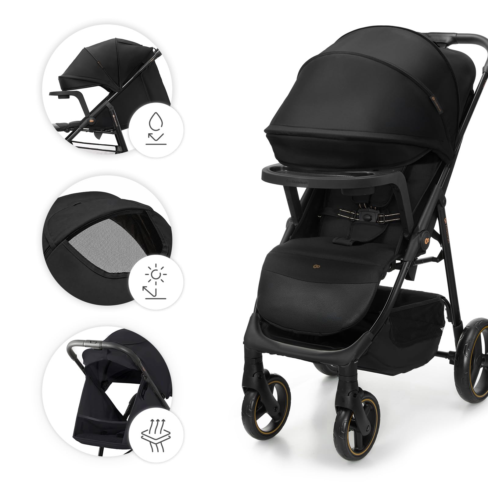Kinderkraft TRIG 3 con vassoio, Passeggino 22 kg, CLICK & FOLD, Nero