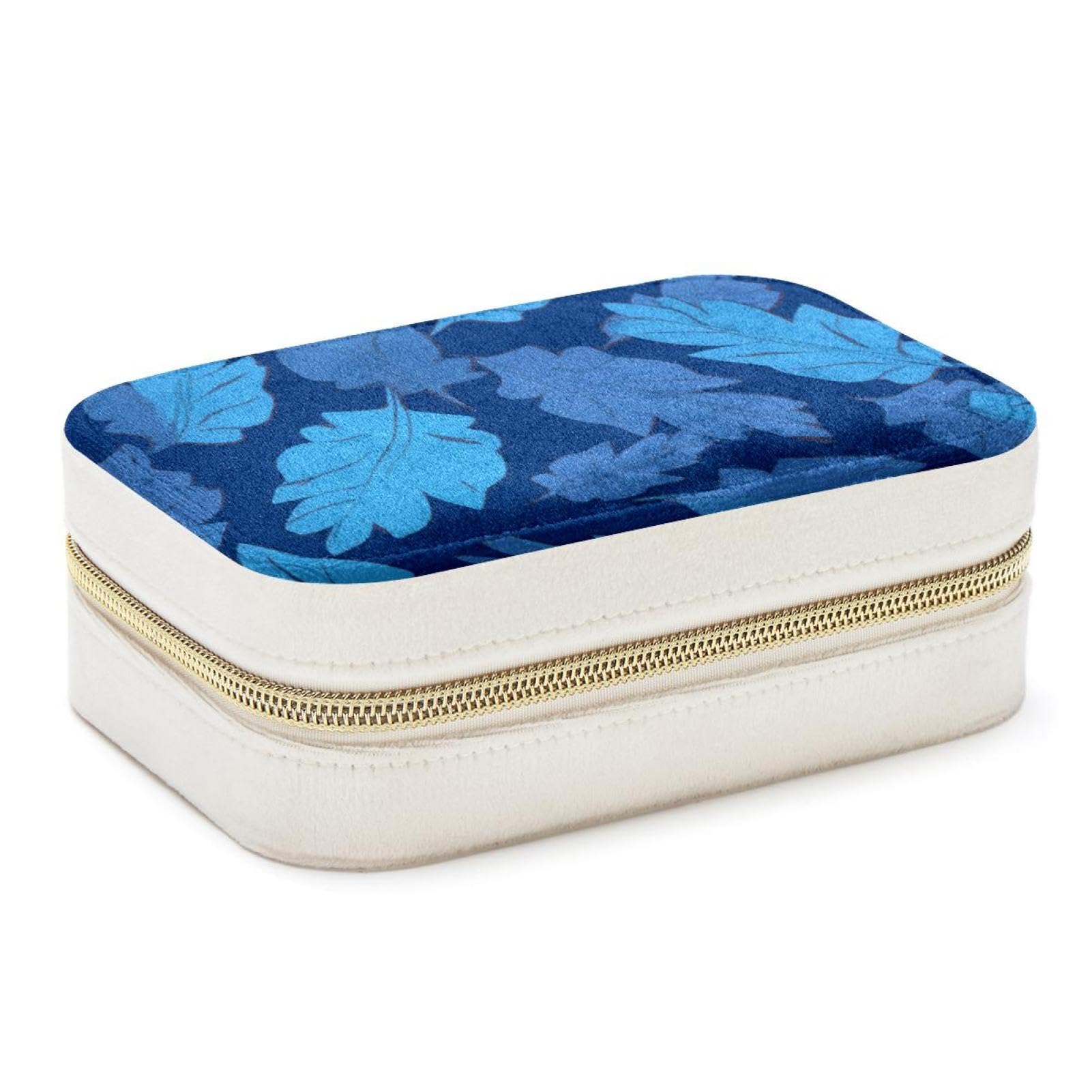 Boîte à bijoux double couche en motif feuilles bleues pour bagues et colliers