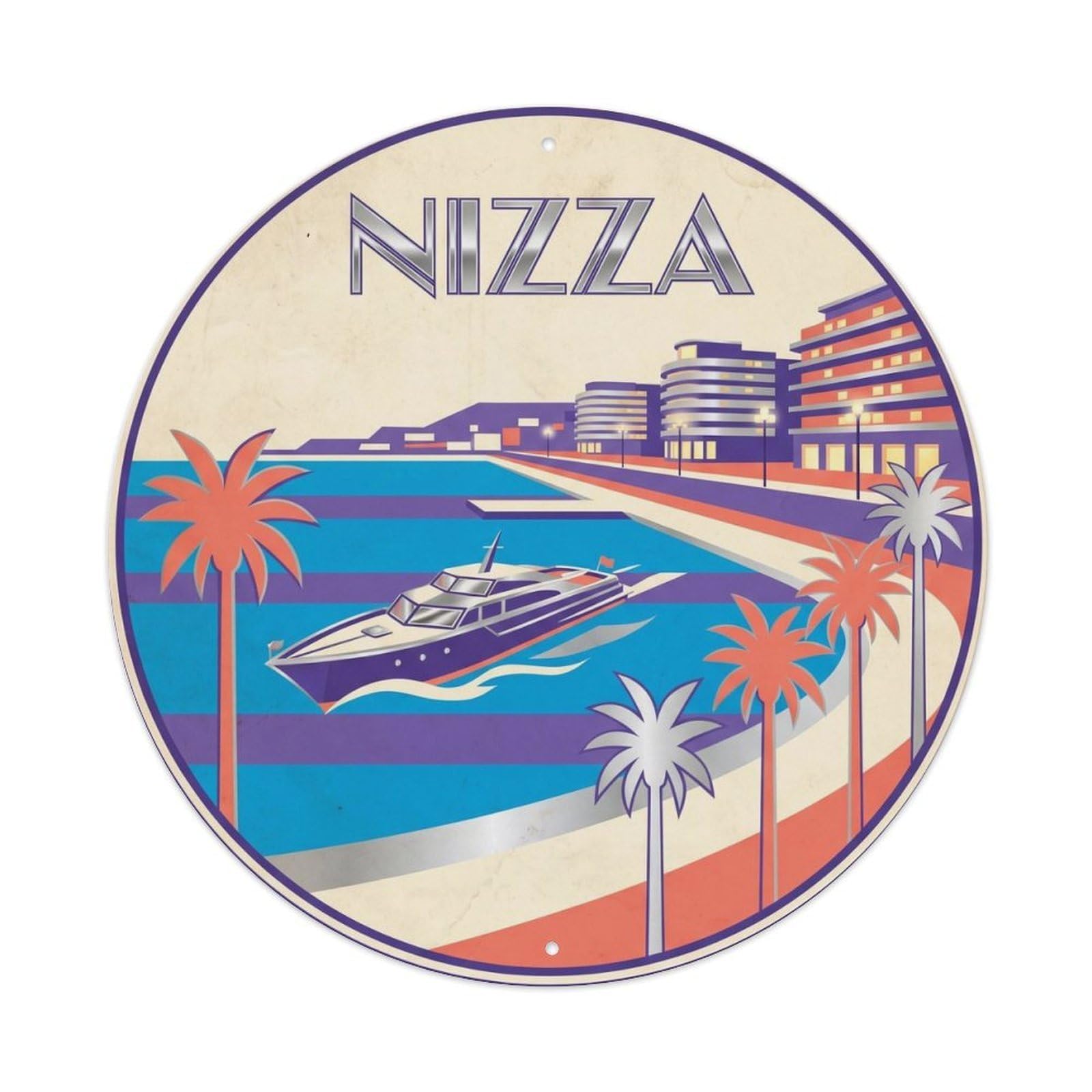 Nizza French Riviera Seaplane Coastal Travel Deco Style Metal Tin Sign Plaque Wall Decor for Cafe, Man Cave, Club Bar, Office, Home Garden Round Metal Poster 8x8Inch