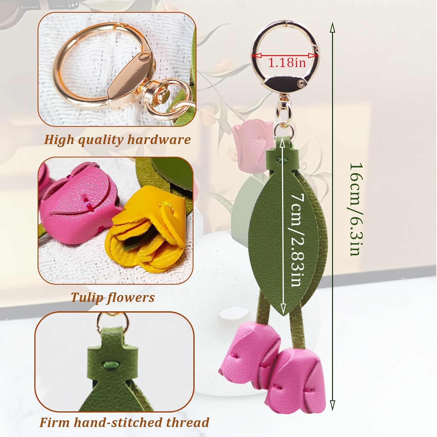 Bag Charms for Handbags,Purse Charms, Tulip Flower Purse Keychain, Handmade Leather Leaf Flower Keychains for Women - Image 4