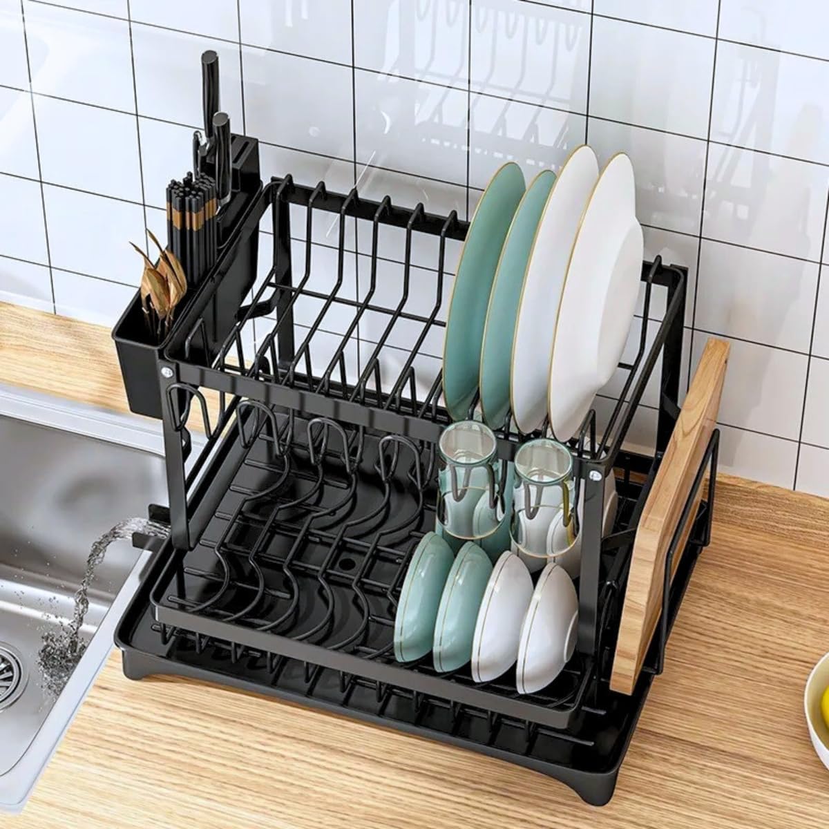 Escorredor de Louça Completo em Aço Carbono Organizador Escorredor de Pratos Inox, Suporte para Talheres, Copos, Tábuas, Facas e Bandeja de Drenagem de Água