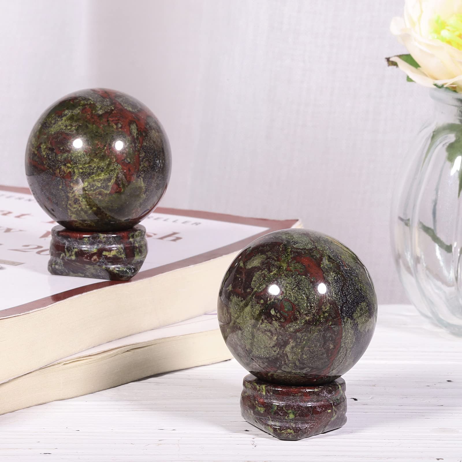 mookaitedecor Natural Dragon Bloodstone Crystal Ball Sphere with Stone Stand - Image 3