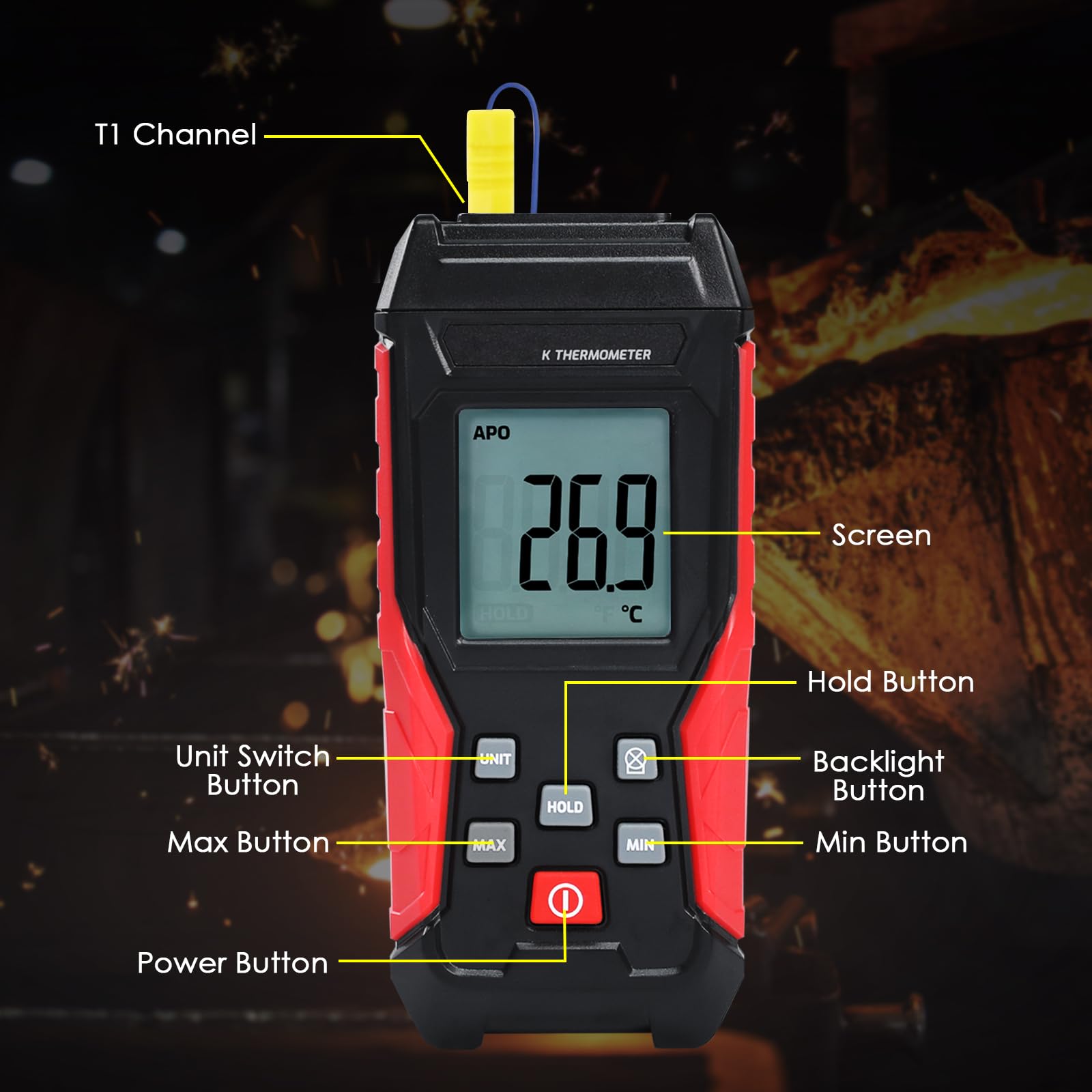 Termometro digitale tipo K 2 sonde termocoppia 2 pinze temperatura industriale monocanale -328°F a 2500°F display LCD retroilluminato Max/Min mantenimento dati