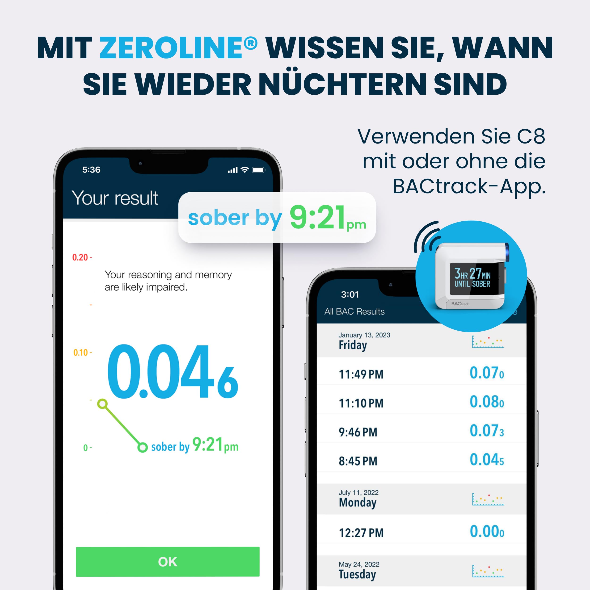 BACtrack C8 Alkoholtester | Professionelle Genauigkeit | Optionale drahtlose Smartphone-Konnektivität | Kompatibel mit Apple iPhone, Google & Samsung Android-Geräte | Apple HealthKit Integration