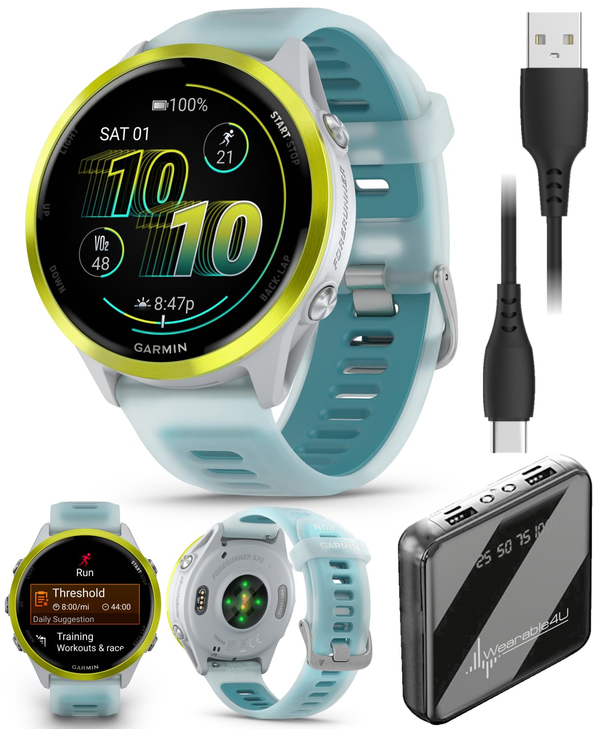 Garmin Forerunner 570 47mm Advanced GPS Running &amp; Triathlon Smartwatch, AMOLED Display, Training &amp; Recovery, Amp Yellow Aluminum w/Translucent Whitestone/Turquoise Band w/ Wearable4U PowerBank Bundle