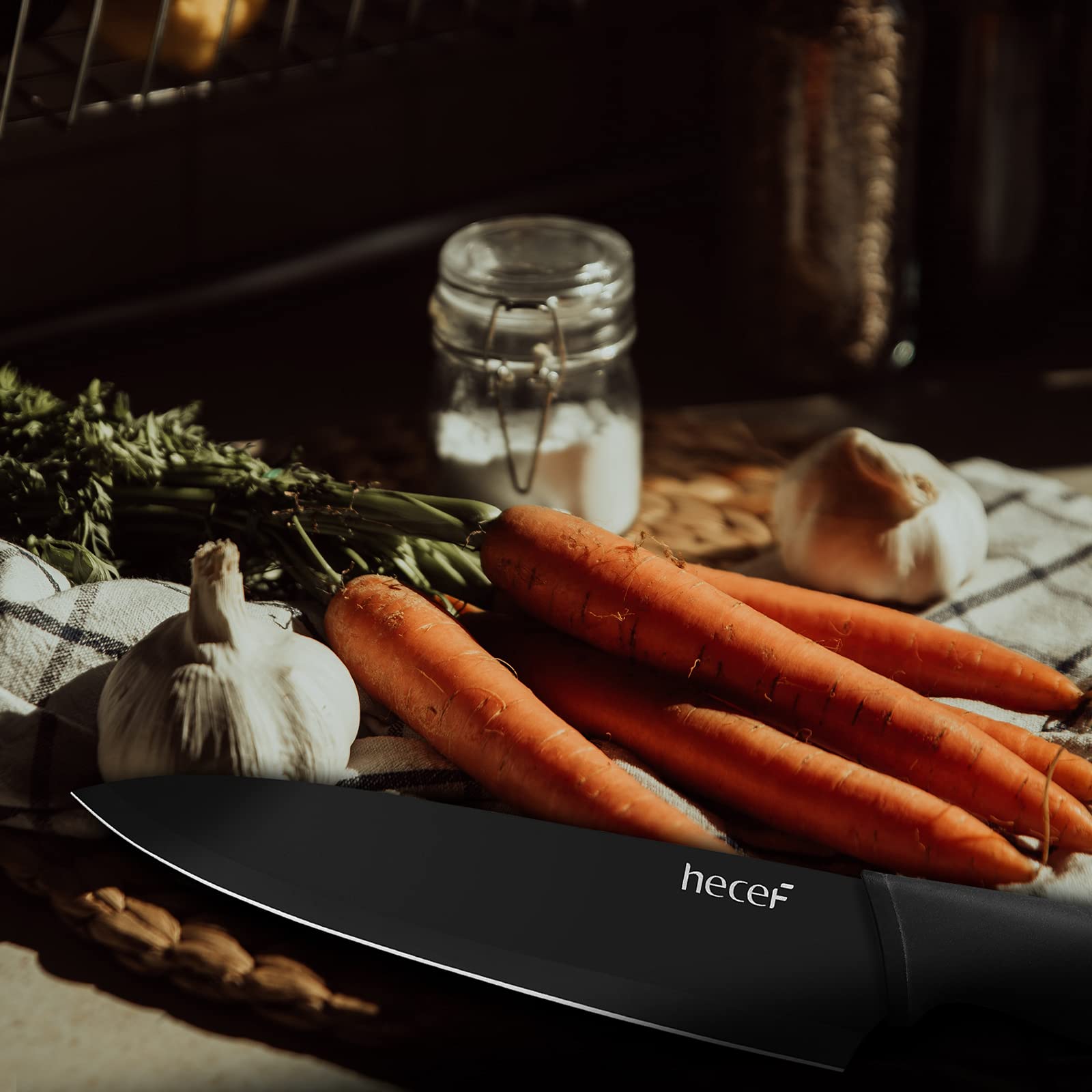 Image secondaire de hecef Couteau Cuisine Professionnelle, 6 Pièces Set Couteaux de Cuisine Noirs en Acier Inoxydable à Haute Résistance, avec Manch