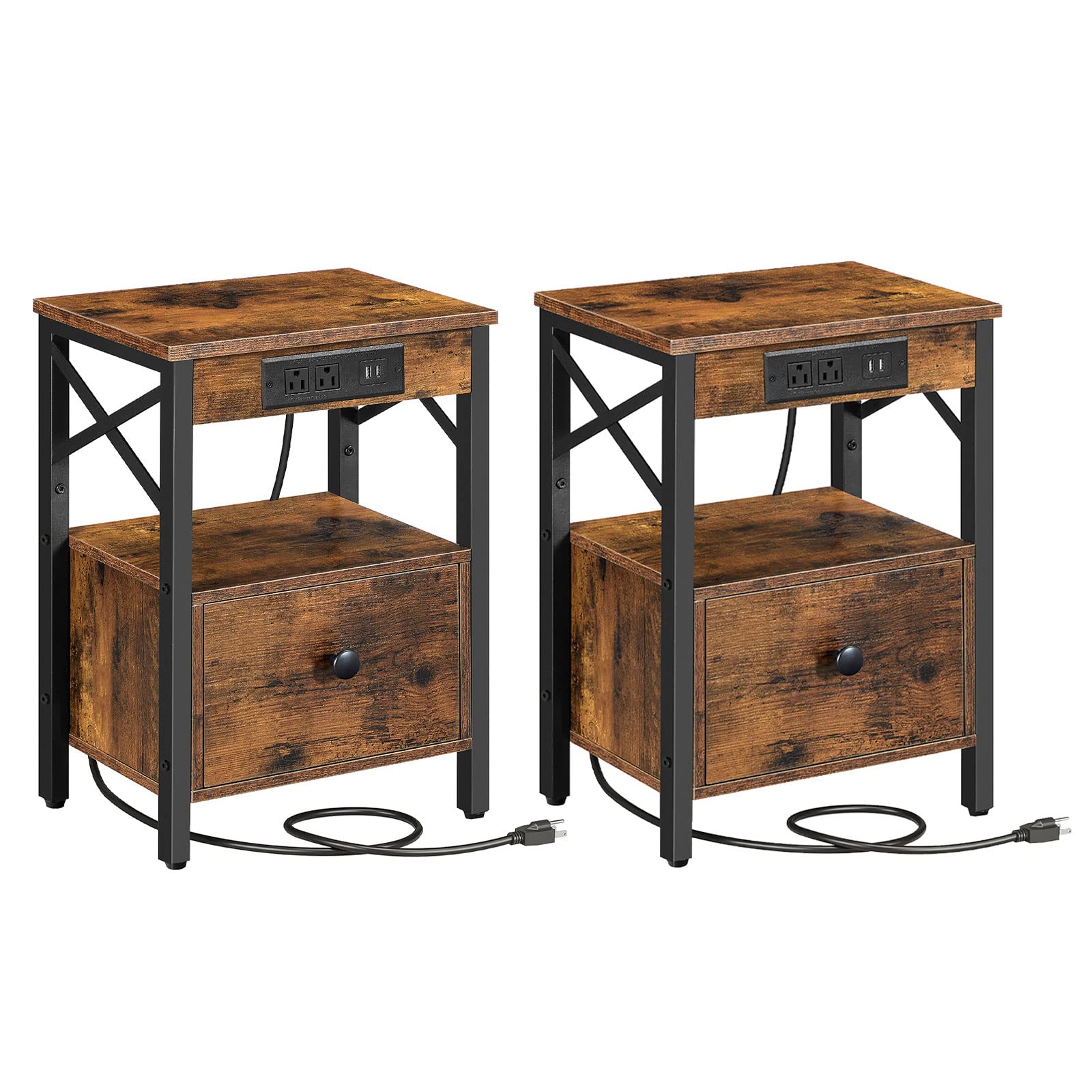 (incomplete)HOOBRO Nightstands Set of 2 with Charging Station, End Table with Drawer, USB Ports and Power Outlets, Farmhouse Nightstand Sofa Table for Bedroom, Space Saving, Rustic Brown and Black BF128UBZP201G1