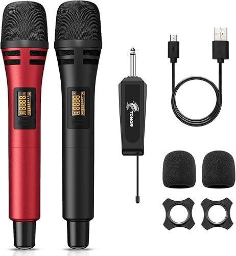 TONOR - Micrófonos inalámbricos, sistema de micrófono de karaoke dual UHF, Microfonos Inalambricos con receptor recargable, micrófono dinámico
