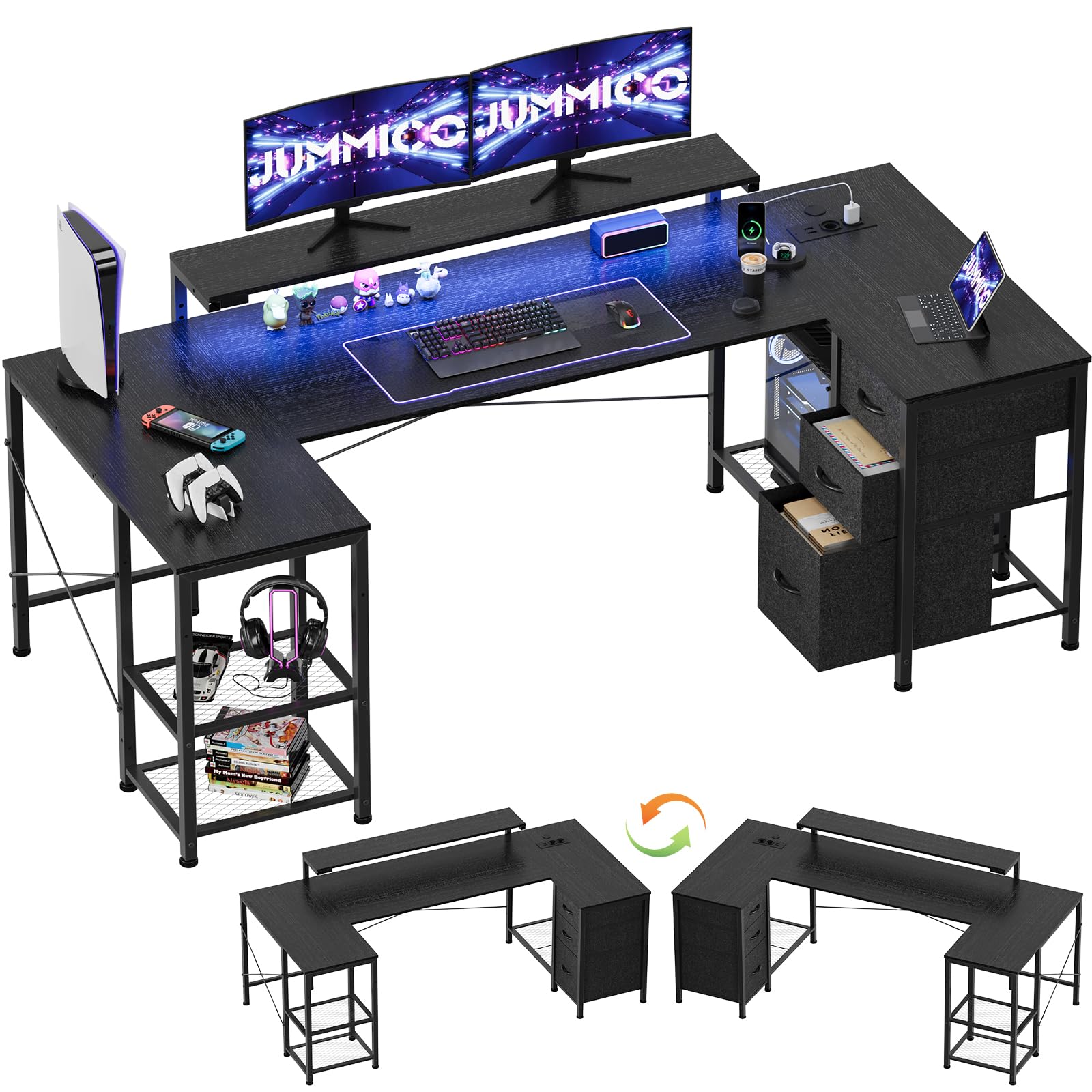 JUMMICO Gaming Schreibtisch Eckschreibtisch L-Form, 170x95cm mit LED-Beleuchtung, höhenverstellbarem Monitorständer, 3 Schubladen, 2 Steckdosen & 2 USB, Schreibtisch aus Stahl und Holz,Schwarz