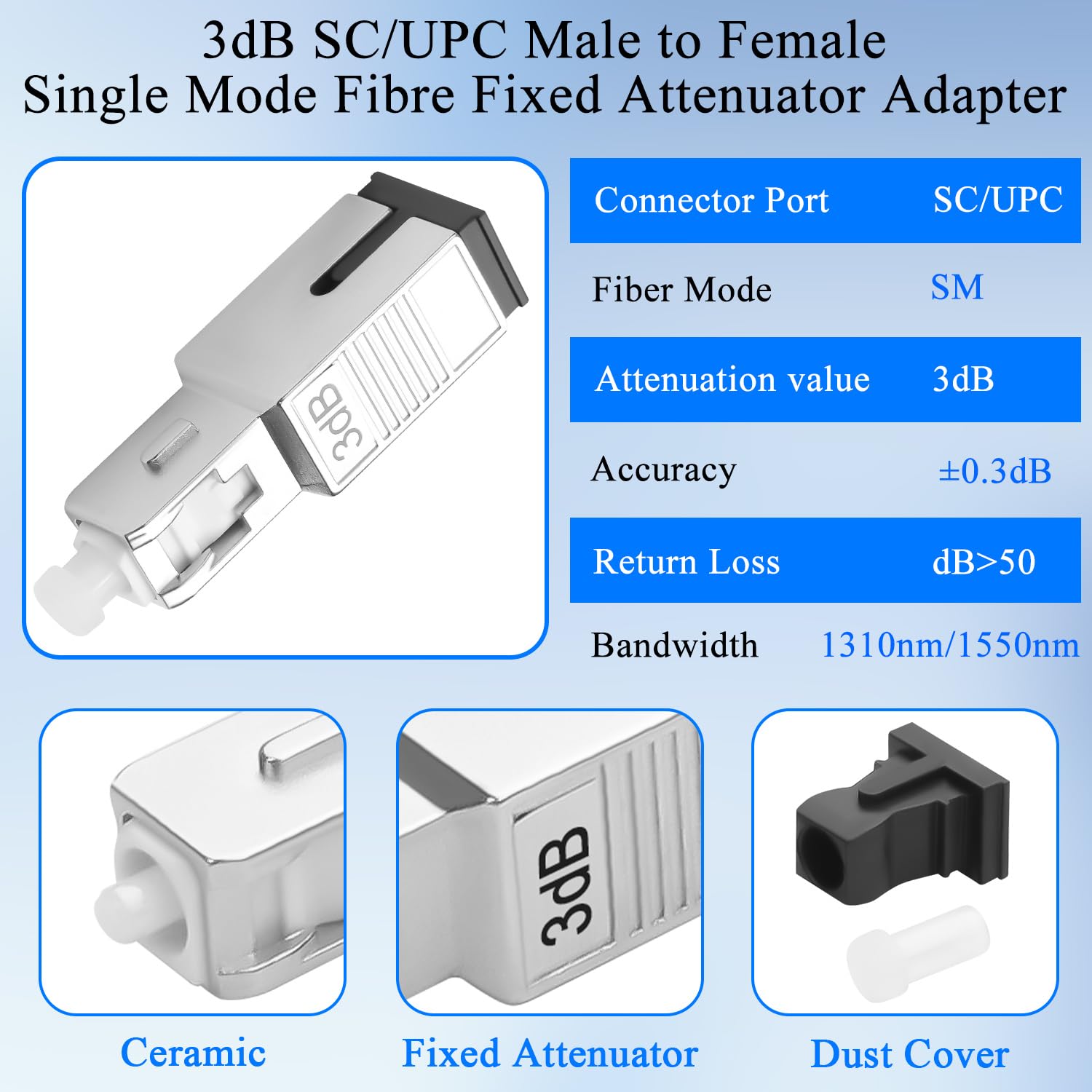 QIANRENON 3dB SC/UPC Attenuatore fisso in fibra ottica Adattatore SC maschio a femmina Singlemode Connettore ottico fisso Attenuatore valore attenuatore 3dB±0,3, per rete in fibra ottica CATV FTTH PON
