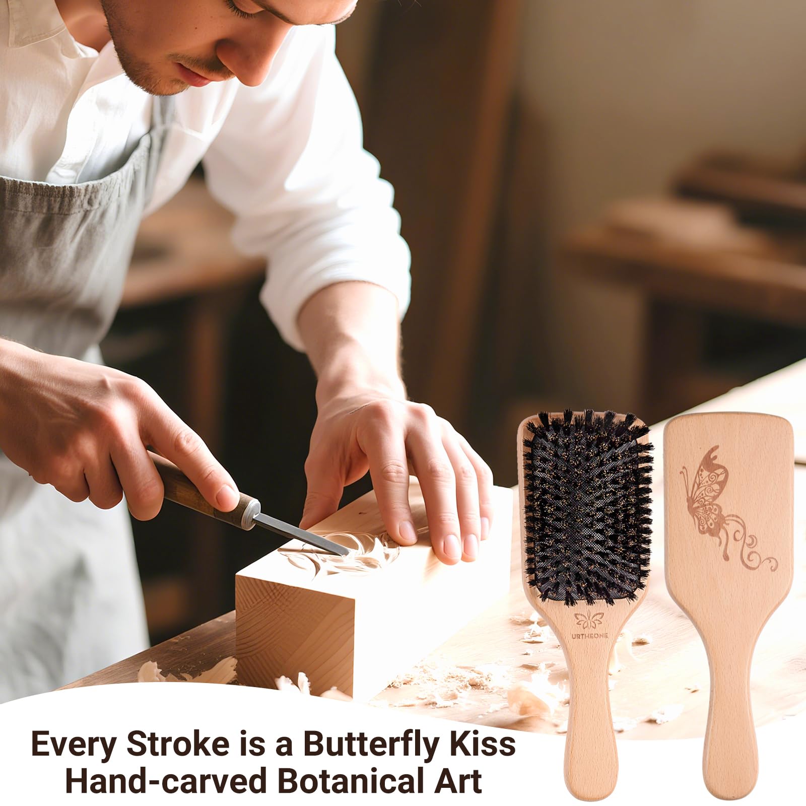 URTHEONE 100% Pure Boar Bristle Hair Brush Set 3 Piece Large and Mini Size with Wide Tooth Comb for Fine Thin Short Hair Frizz Control Shine Scalp Massage Gift - Image 4