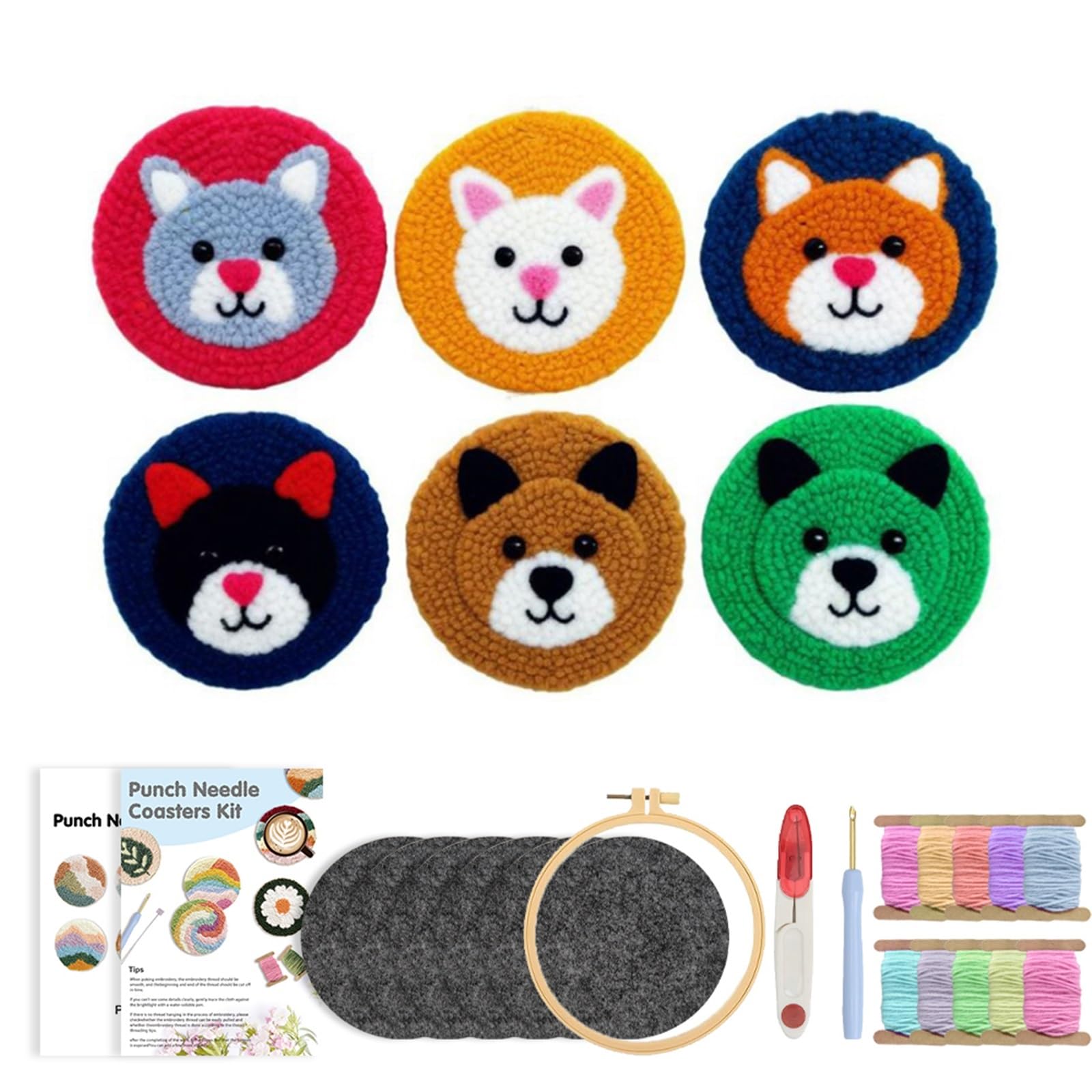 1set Colorful Animal Punch Needle Embroidery Kit With Coasters Mixed Colors For Beginners for DIY(Color4)