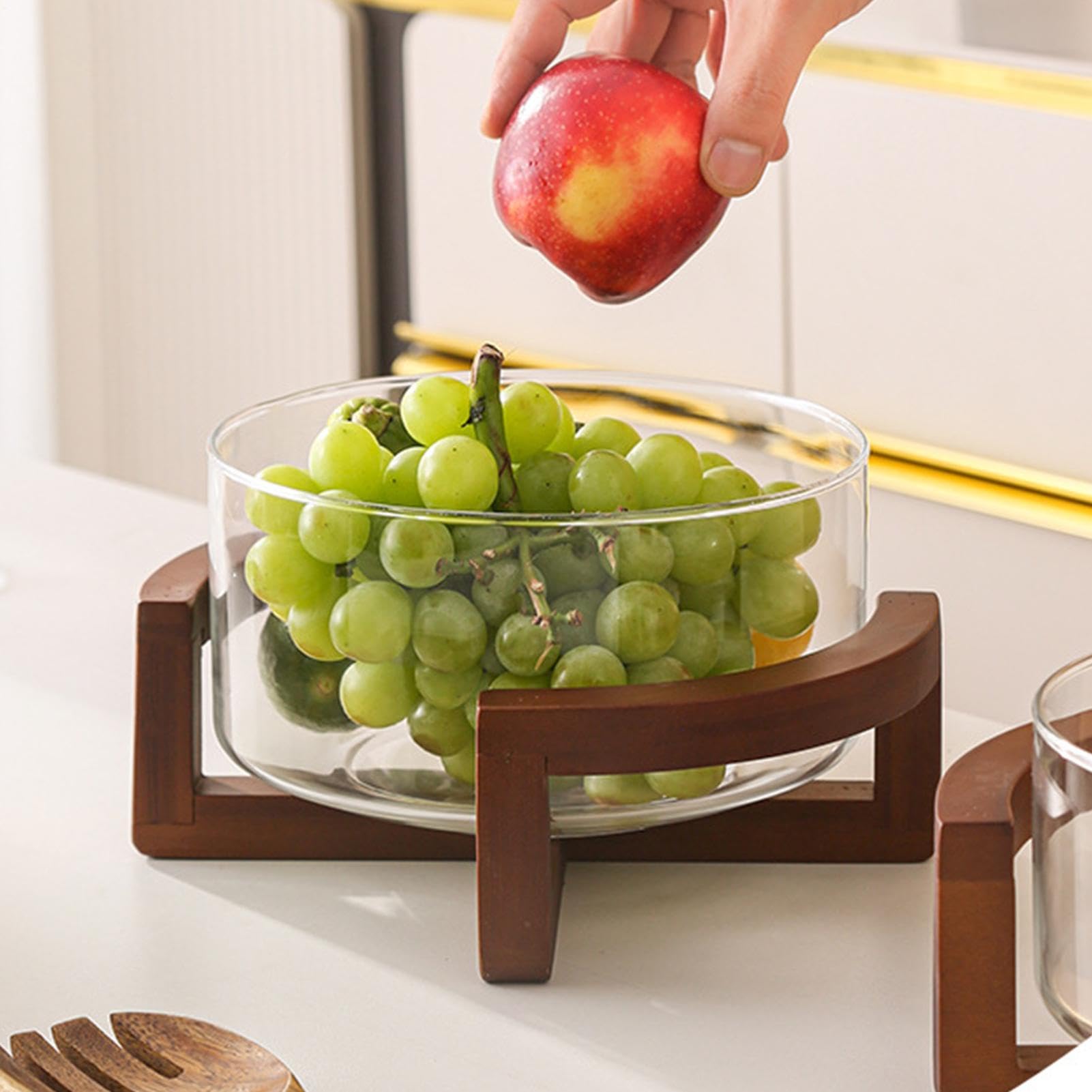 Verre Saladier avec Socle en Bois 1800 ml Pièce Maîtresse de Table | Saladier Clair pour Salade Trifle Pour Dîner, Réunions Familiales, Fêtes, Pâtes, Fruits, Légumes, Desserts