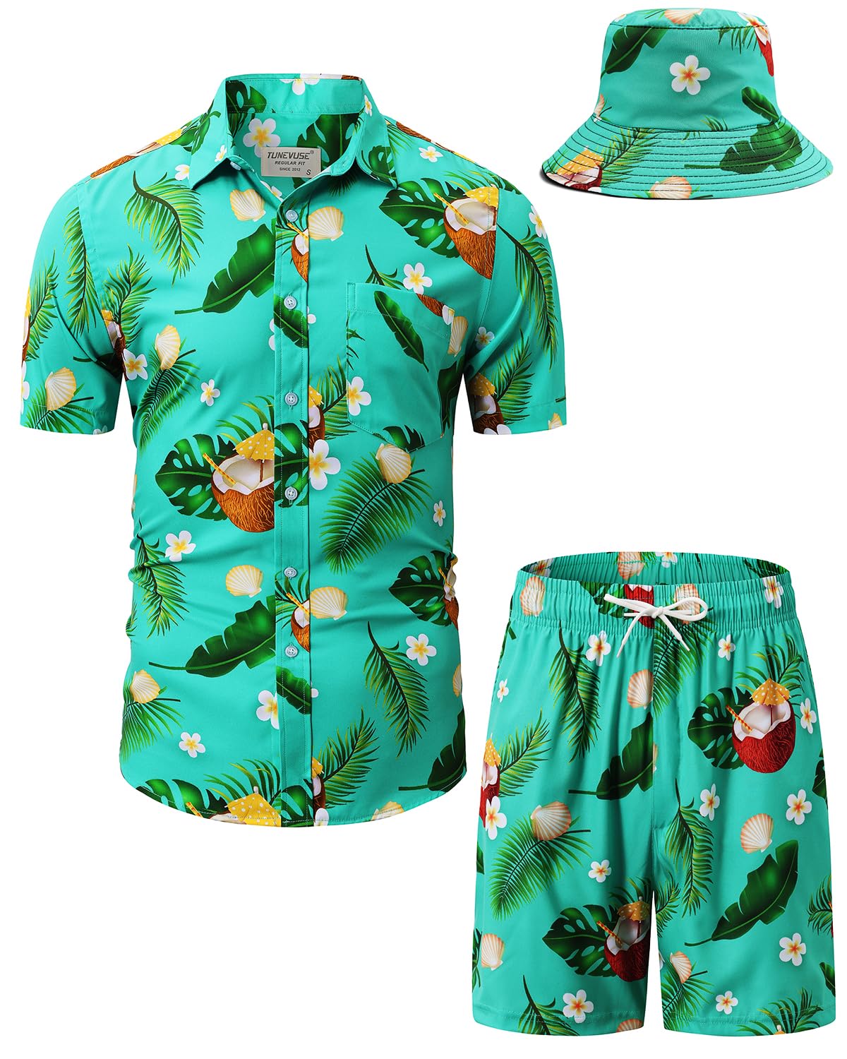 TUNEVUSE Mens Hawaiian Shirts and Shorts Set 2 Pieces Beach Outfits Flower Print Summer Tropical Suit with Bucket Hats