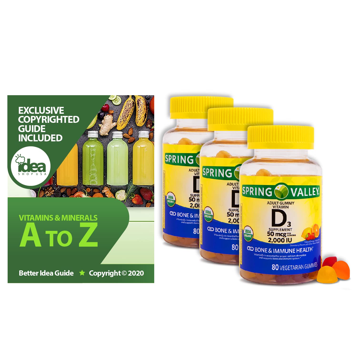 Spring Valley Vitamin D3 Gummy, 2000 IU, 80 Ct (3 Pack) Bundle with Exclusive "Vitamins & Minerals -