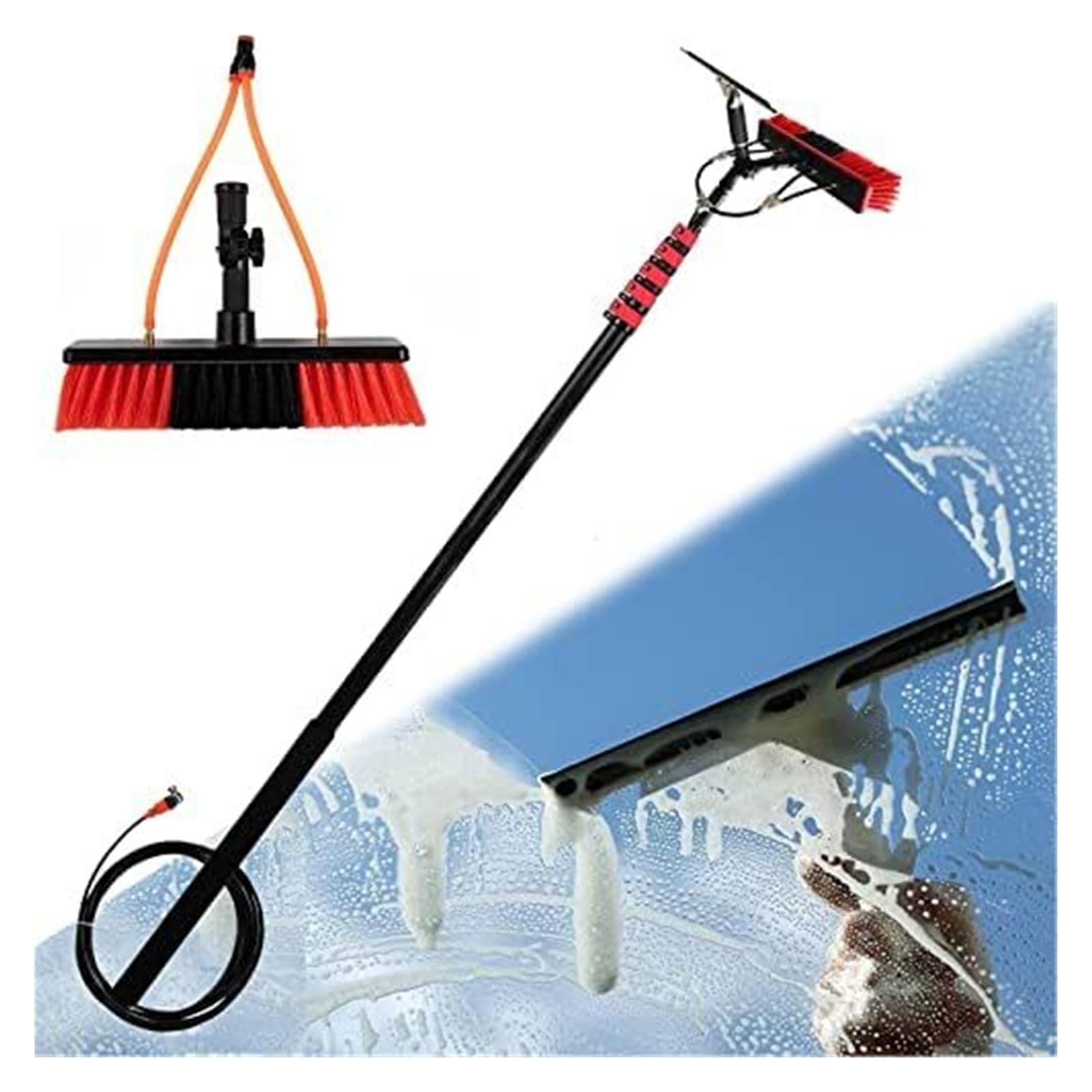 Poste de cepillo telescópico alimentado por agua aleación aluminio | 3,6-10,8 M for ventanas, paneles solares, techos de invernadero: poste de limpieza alimentado por agua con escobilla de goma