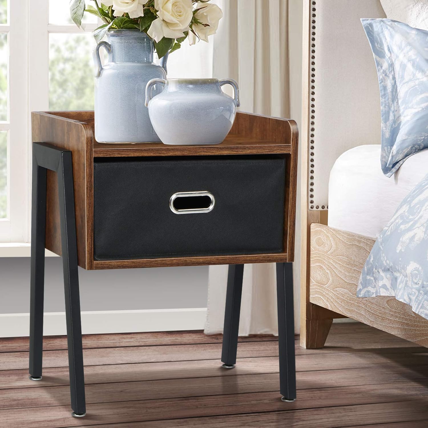 KingSo Industrial Nightstand End Table Stackable Side Table Night Stands for Bedrooms Cabinet for Storage Sofa Bed Side Table for Small Spaces Wook Look Accent Furniture with Metal Frame: Kitchen & Dining