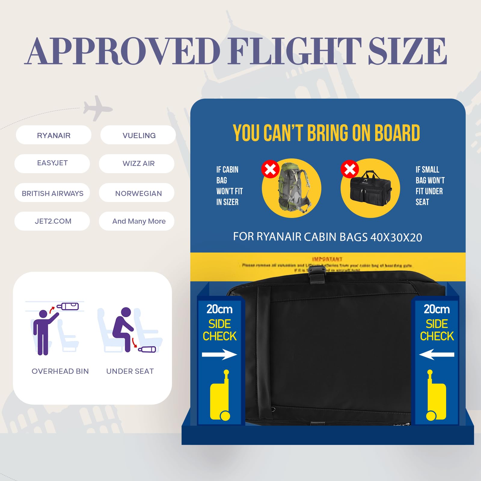 Yankony Zanio 40x30x20 Ryanair Zaino da Viaggio Aereo 24L Bagaglio a Mano 40x30x20 Borsa da Cabina per Donna Uomo 14 Pollici Porta PC Portatili con Tasca Antifurto per Scuola Lavoro Affari