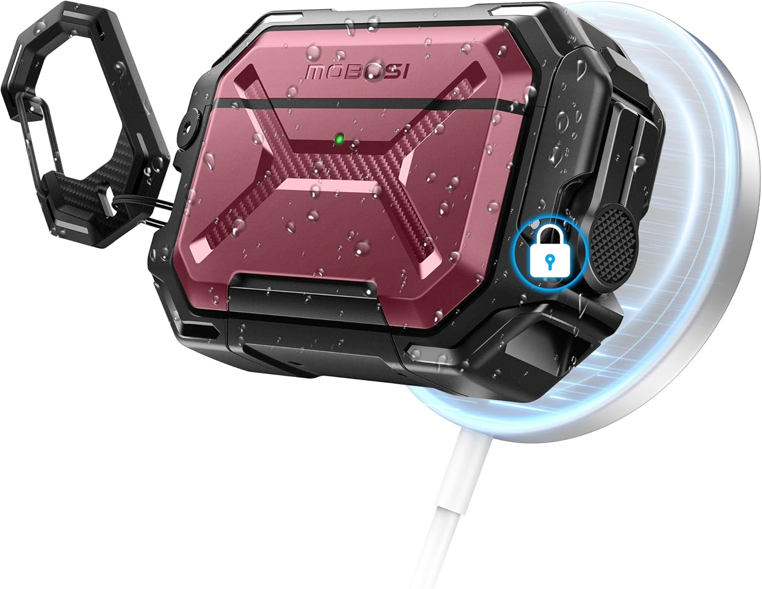 MOBOSI IP68 Waterproof Case for AirPods Pro 3[Compatible with MagSafe] iPods Pro 3 Cover Military Grade Protective Earpods Pro3 Shell with Secure Lock, Keychain & Phone Stand (2025),Red