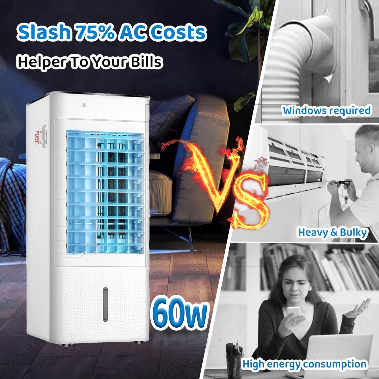 Aire Acondicionado portátil sin Ventana, 3 en 1, Enfriador de Aire evaporativo con Control Remoto, Temporizador de 12 Horas, 3 velocidades y 3 Modos de enfriamiento, Unidad de Aire acondicio