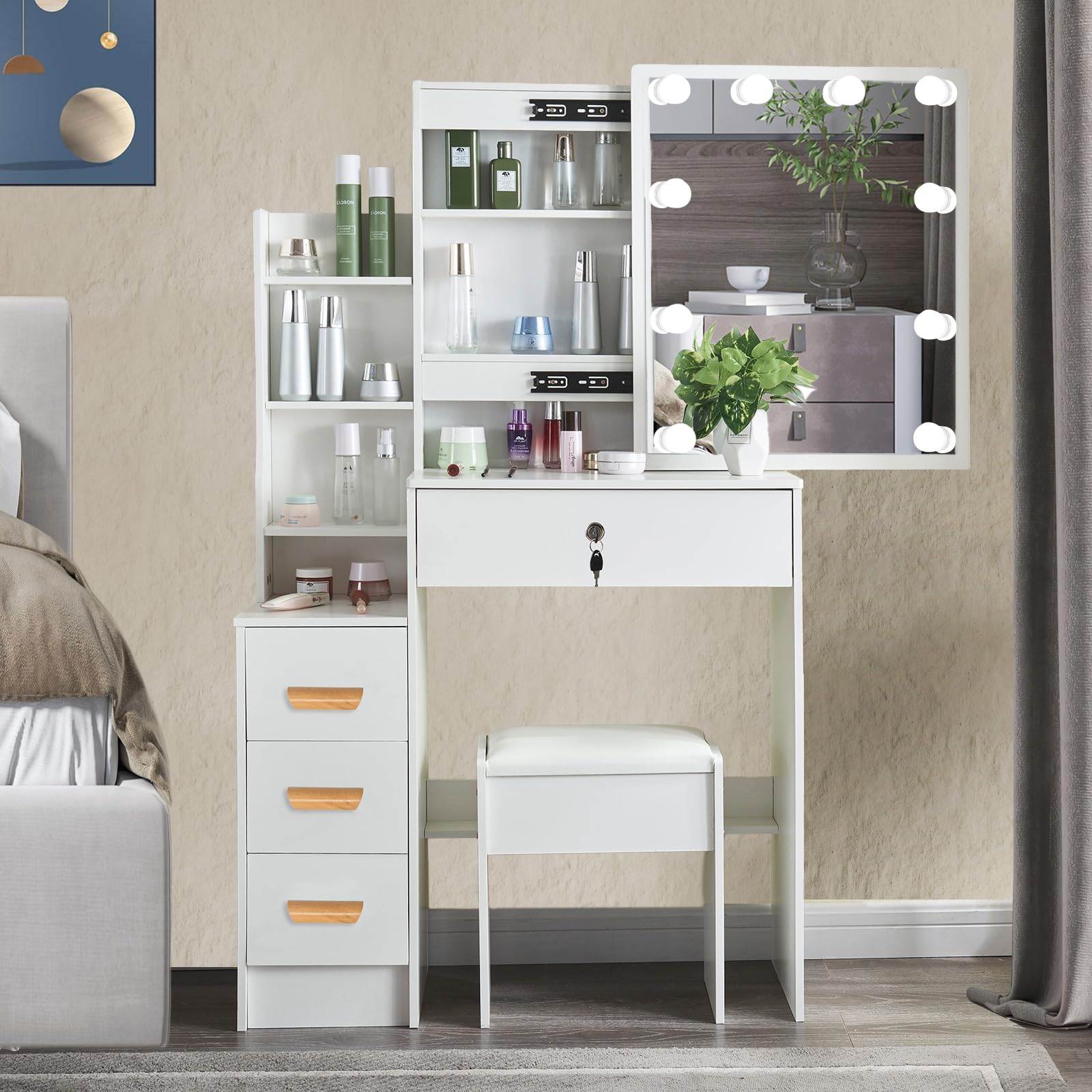 Vanity Desk Makeup Dressing Table with LED Lighted Mirror Cushioned Stool Set 3 Color Lighting Modes Storage Shelves 4 Drawers Brightness Adjustable Modern for Women Girls Bedroom White