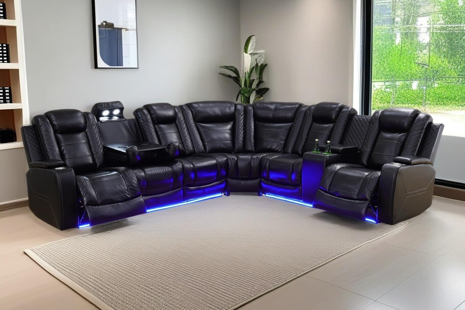 A Ainehome Black Modern Breathable Leather Reclining L-Shaped Sectional Sofa, Powered Recliner, USB & Wireless Charging, 7 Seater, Large