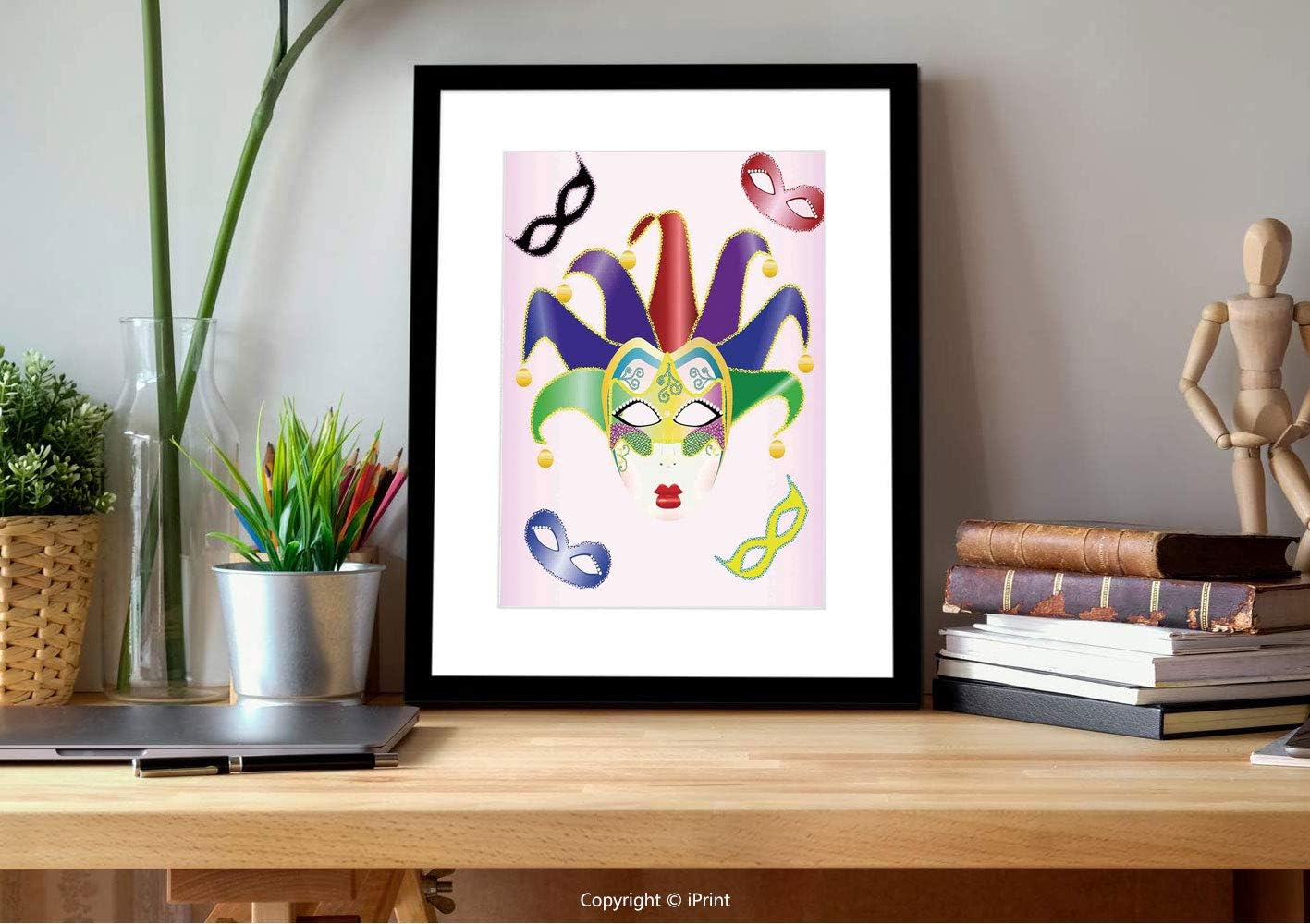 AmaUncle №07448 Wall Art with Black Frame,Masquerade,Abstract Style Illustration of Christmas Carnival Masks Jester Design Print,Multicolor, for Home Decoration