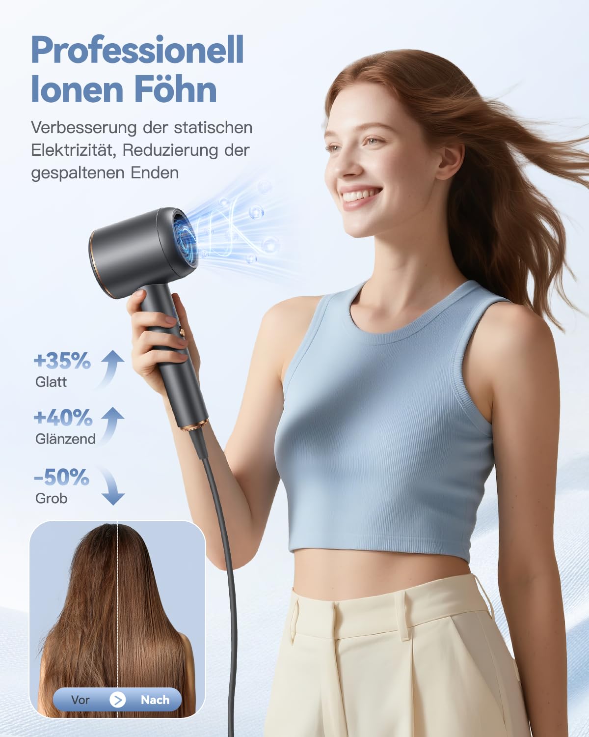 Ionen Föhn mit Diffusor 1800W - DEWILY Schnelltrocknen Haartrockner Hair Dryer, 3 Temperatureinstellungen/ 2-Gang, Kompakt Tragbar Reisefön mit Diffusor für Locken, Grau