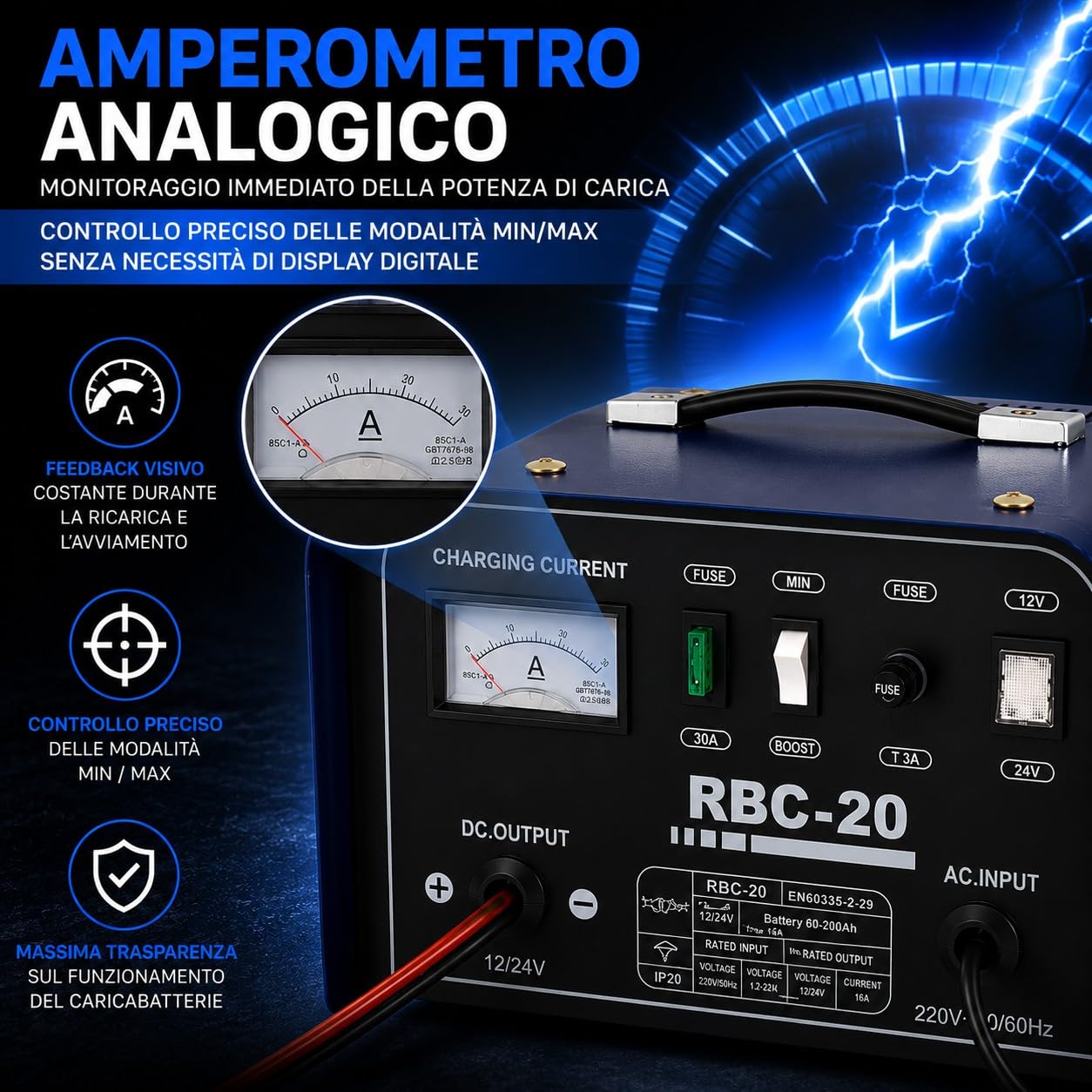 Caricabatterie Auto Moto 12V 24V Corrente di Picco 20A Professionale per Batterie al Piombo 60-200Ah con Amperometro Analogico Modalità MIN/MAX per Auto Furgoni Barca Trattore