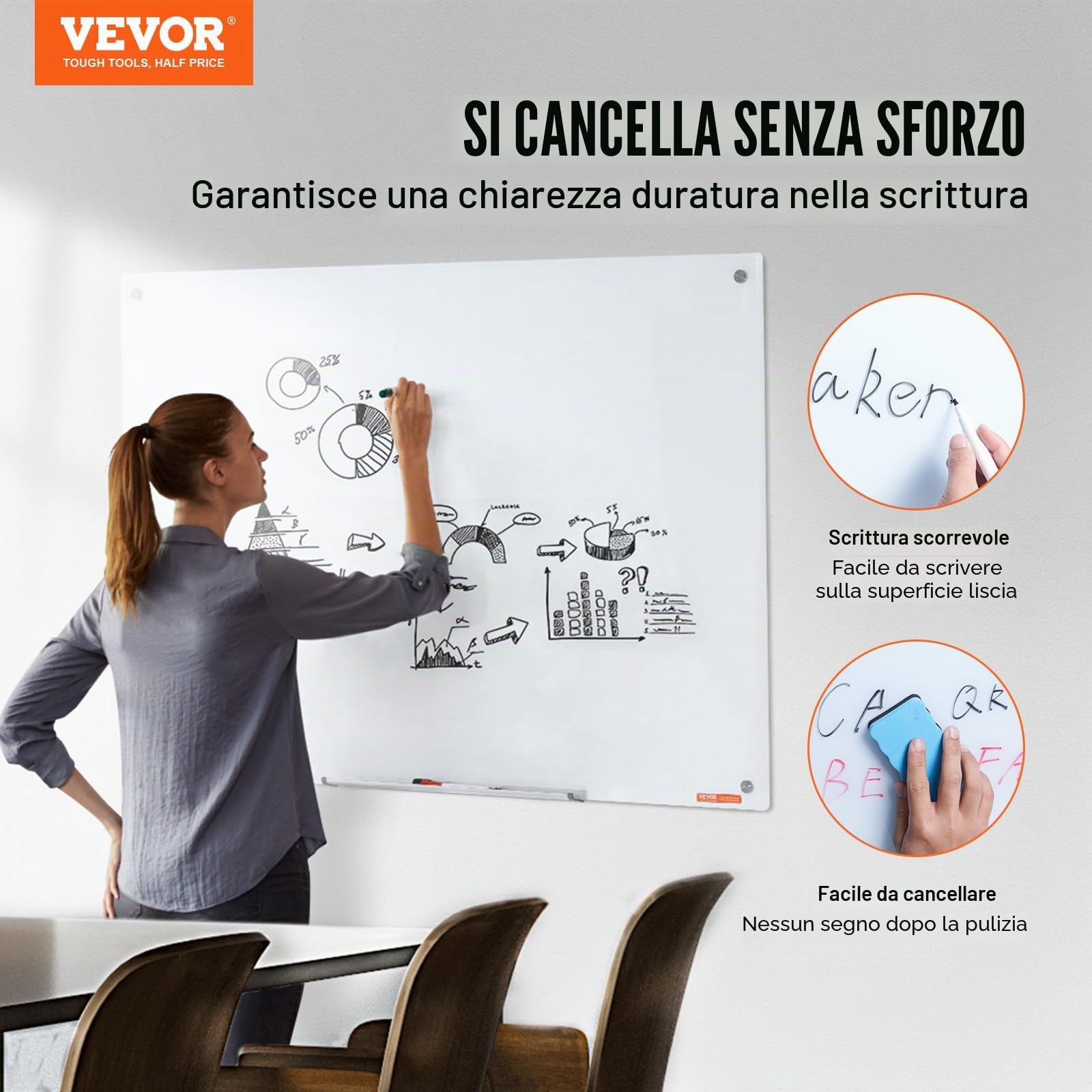VEVOR Lavagna magnetica cancellabile a secco in vetro 120 x 80 cm, lavagna per promemoria da parete, con vassoio per pennarelli, gomma e 2 pennarelli, per ufficio scuola ristorante casa