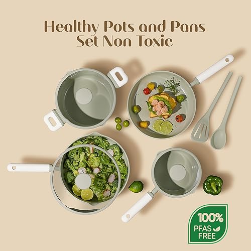 Miniatura 4 de CAROTE Juego de ollas y sartenes antiadherentes, juego de utensilios de cocina de cerámica, juego de inducción de cocina verde con vaporizador, sin