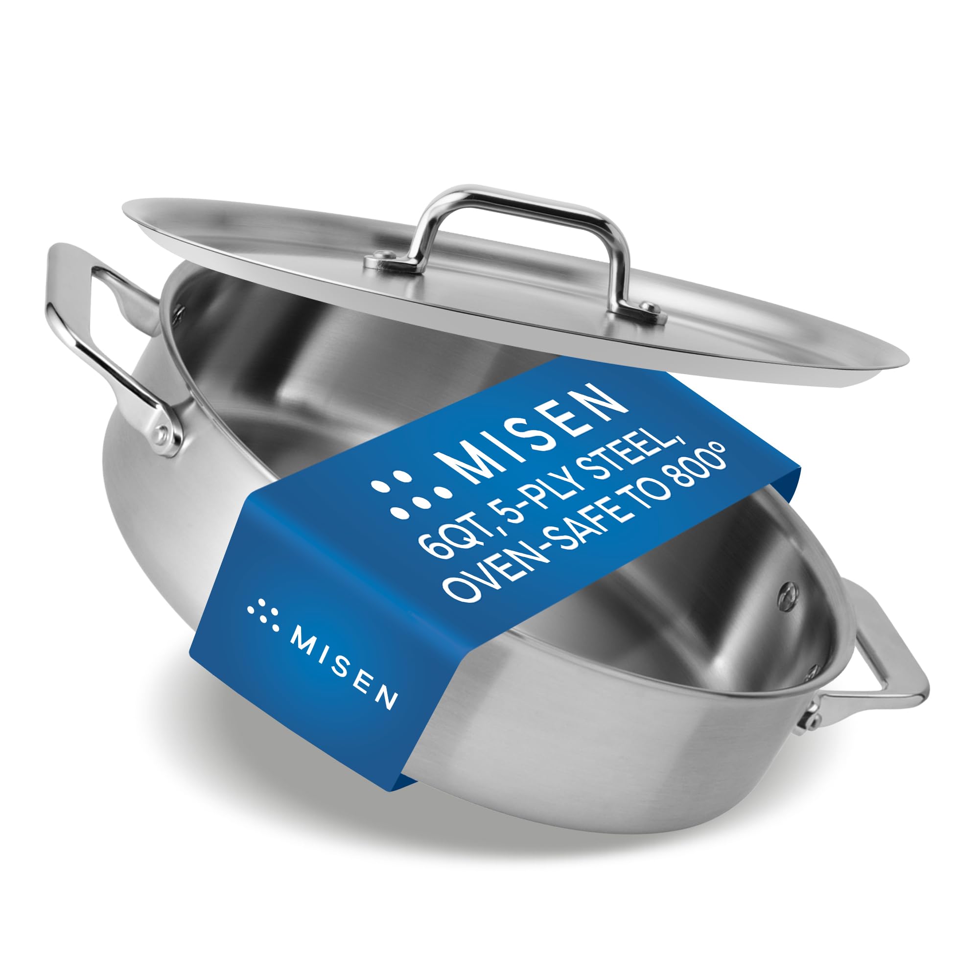 Misen 5-Ply Stainless Steel 6QT Rondeau – Wide, Flat Cooking Surface - Even Heating, Perfect Searing - Durable, Versatile Cookware – Oven-Safe to 800F, Induction Compatible