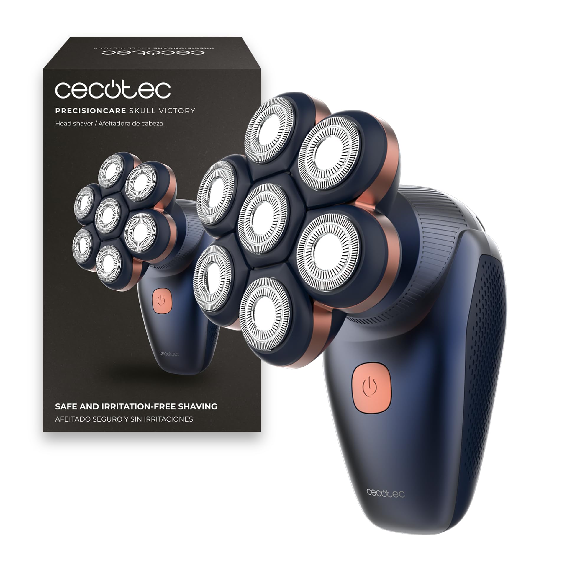 Cecotec Afeitadora Cabeza Hombre PrecisionCare Skull Victory. 7 Cuchillas Rotativas Flotantes, Pantalla Digital, 2 Velocidades, Autonomía 70mins, Resistente al Agua, IPX7, Incluye Cable USB
