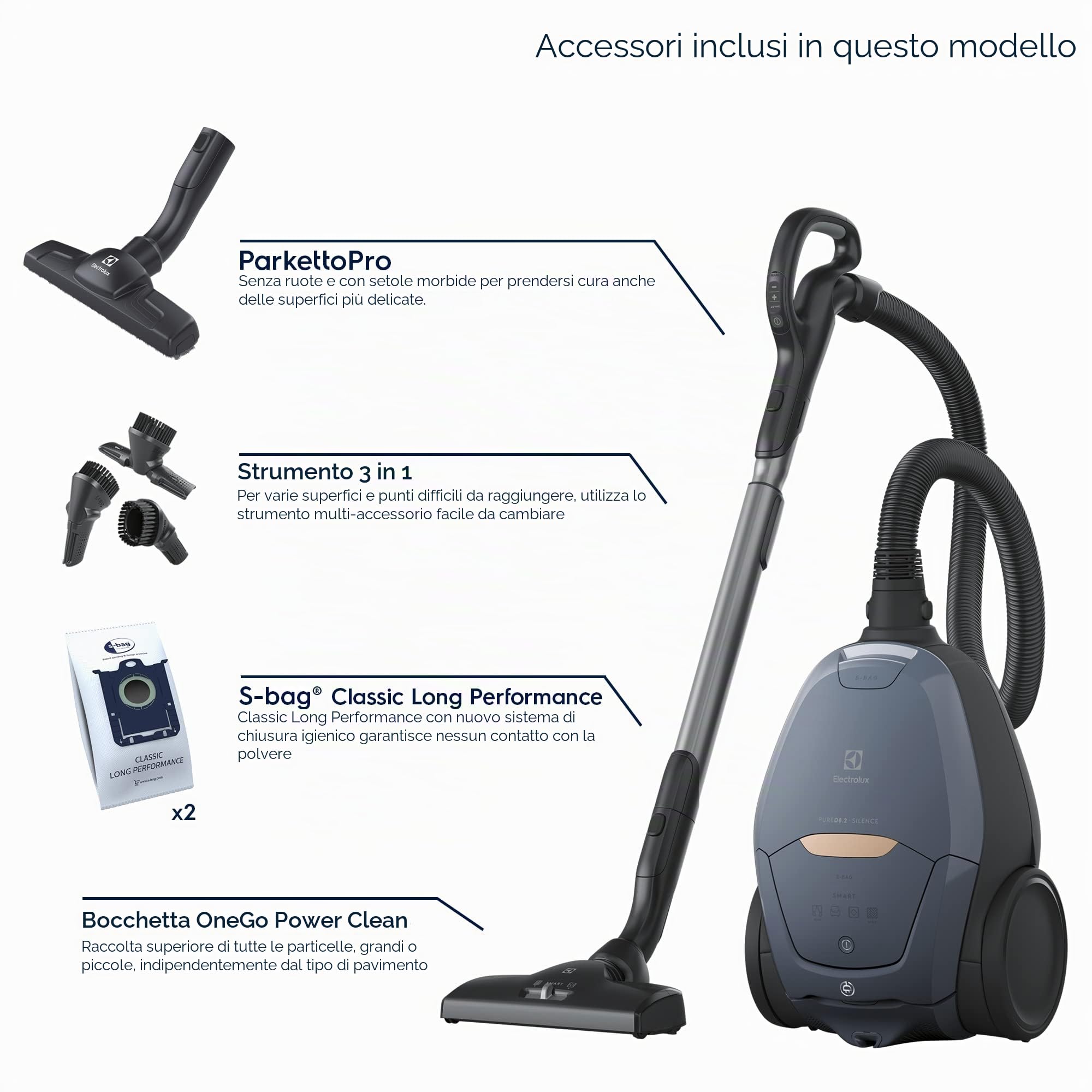 ELECTROLUX PureD8 13783211, Pure D8 PD82-8DB-Aspirapolvere a Slitta con Sacco Ultra Silenzioso, regolatore Automatico di Potenza SmartMode e Tecnologia PureSound-Colore: Blu