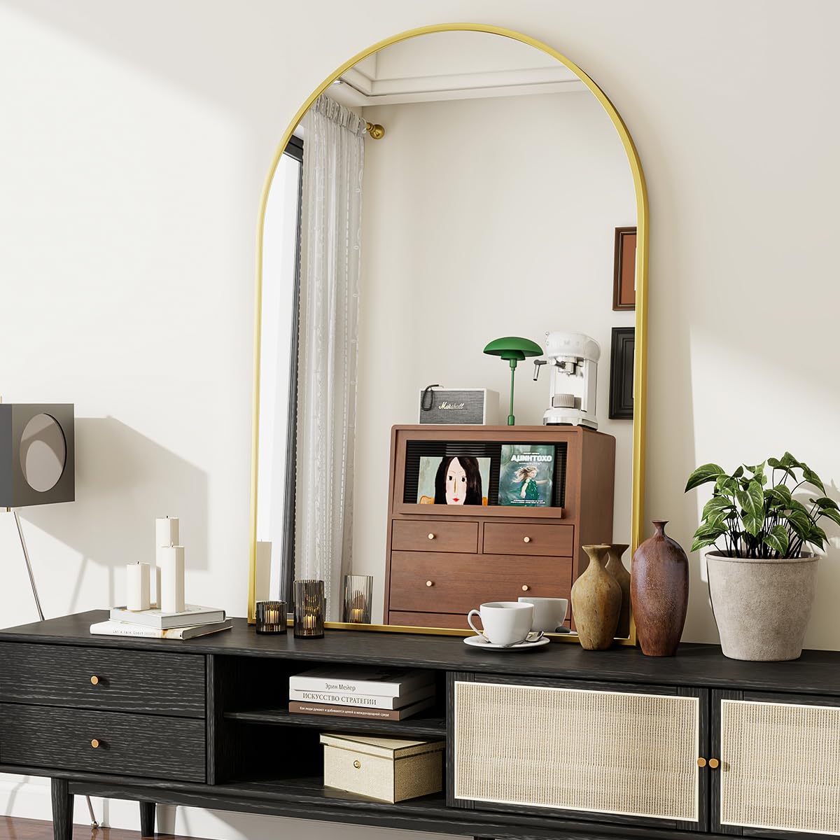 BEAUTYPEAK Wall Mirror Arch with Gold, 75 x 100 cm, Unbreakable Aluminum Alloy Frame, Suitable for Bedroom, Entryway and Bathroom