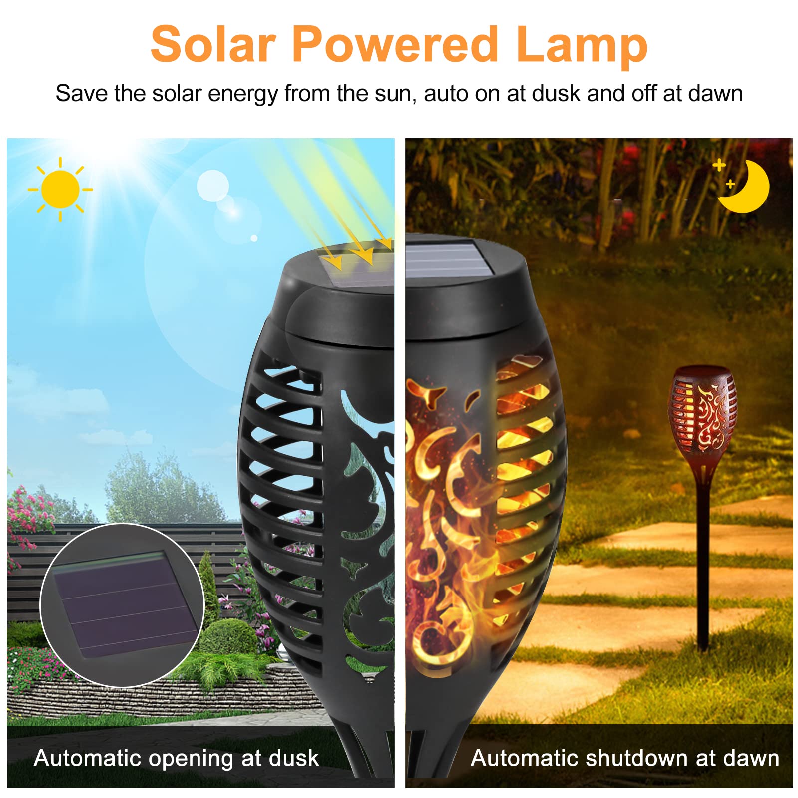 SMART LED Solar-Fackeln – 4 Stück, Flammeneffekt, IP44, Warmweiß, Mit Erdspieß – Für Garten, Hof & Balkon