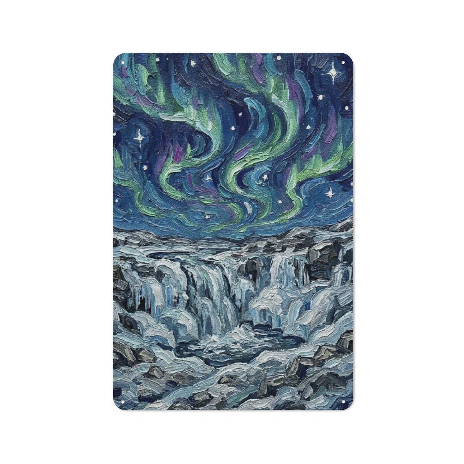 Junmoney Style-13 Metal Sign 30X20cm With Aurora Borealis Over Waterfall Painting For Hallway Wall, Retro Decor, Gift For Hallway Decor Lovers During The Christmas Season