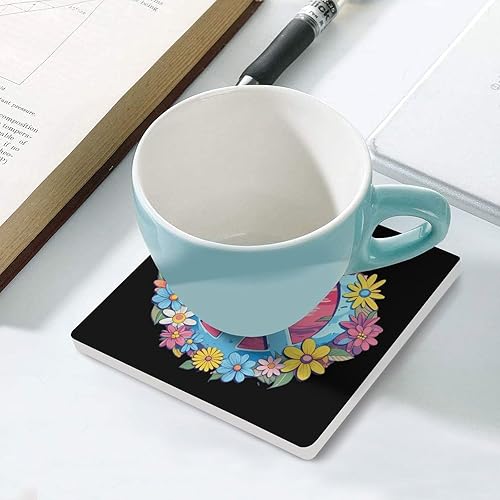 Miniatura 5 de Juego de posavasos con signo de paz para bebidas, tapete cuadrado absorbente de cerámica con base de corcho, 4 unidades