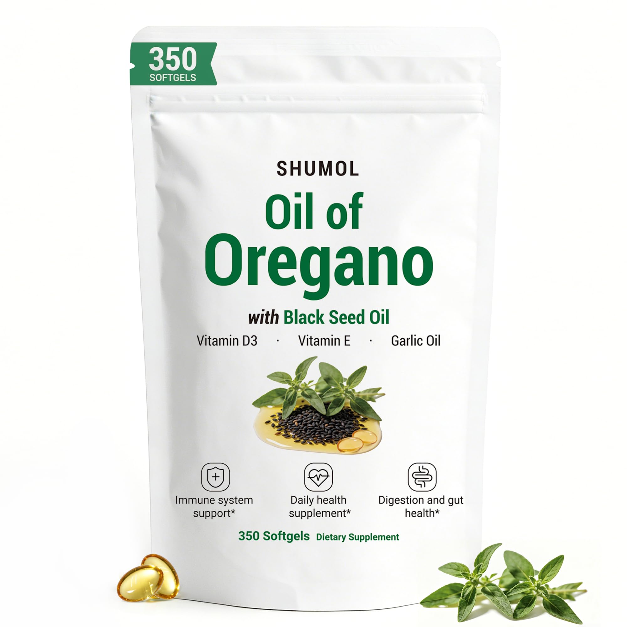 Oil of Oregano with Black Seed Oil, 350 softgels | 5-in-1 Oregano Oil Supplement with Garlic Oil, Vitamin D3 & E | High Carvacrol & Thymoquinone | Immune & Digestive Support | Non-GMO, Gluten-Free