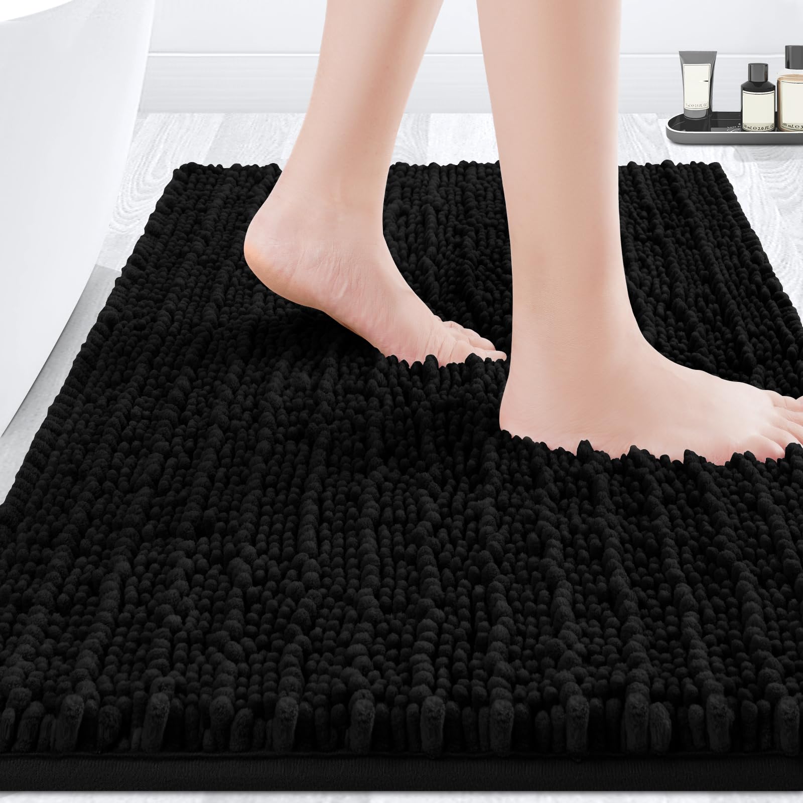 ACCUMTEK Upgrade Luxury Black Bathroom Rug Mat 32"x20", Ultra Soft Thick Absorbent Bath Mats, Non Slip Chenille Toilet Mat for Bathroom, Bedroom,