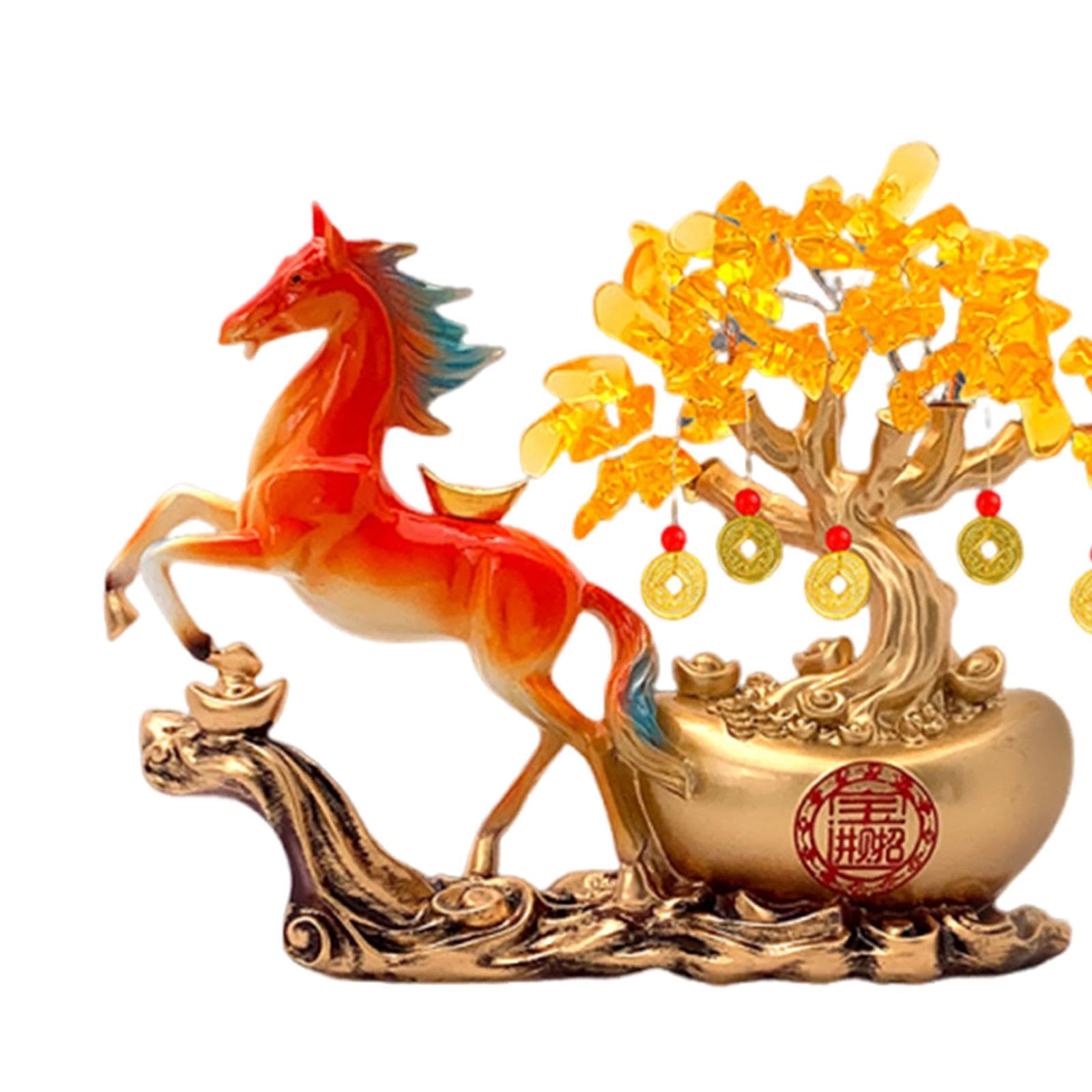 Gralara Money Tree Estatua Caballo Adorno Moneda Escultura Resina Coleccionable Figura Caballo Función Fortuna Prosperidad Adecuada para Oficina C, Naranja Roja, Individual